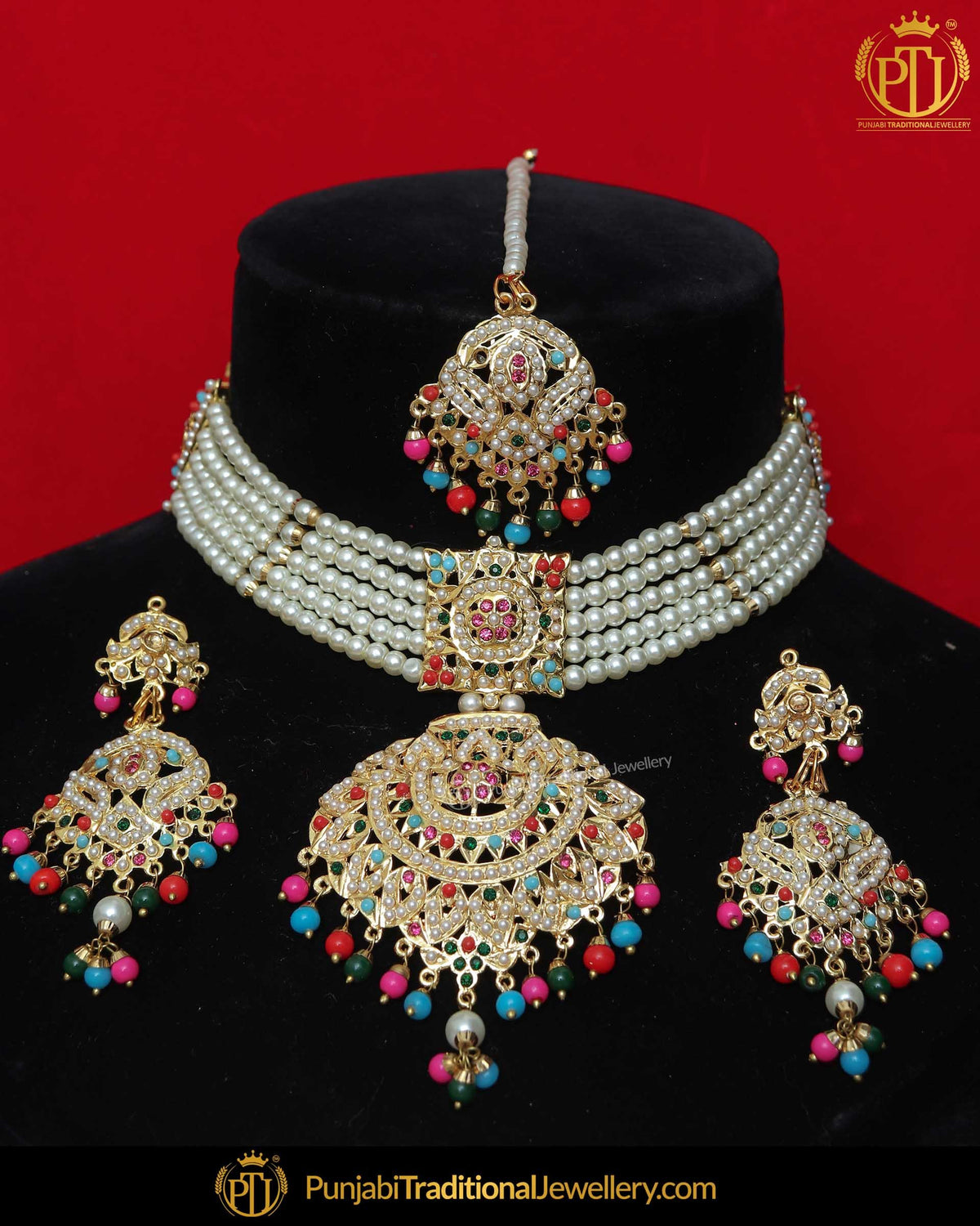 Gold Finished Navratan Jadau Pearl Necklace Set  | Punjabi Traditional Jewellery Exclusive