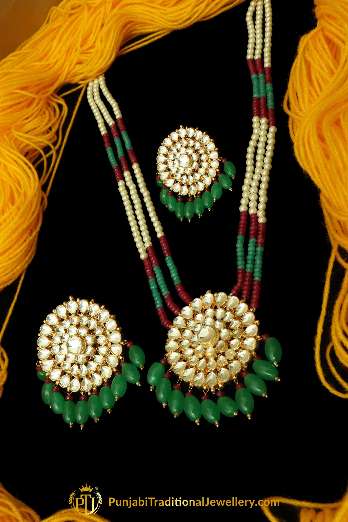 Green Red Kundan & Pearl Long Necklace Set By Punjabi Traditional Jewellery