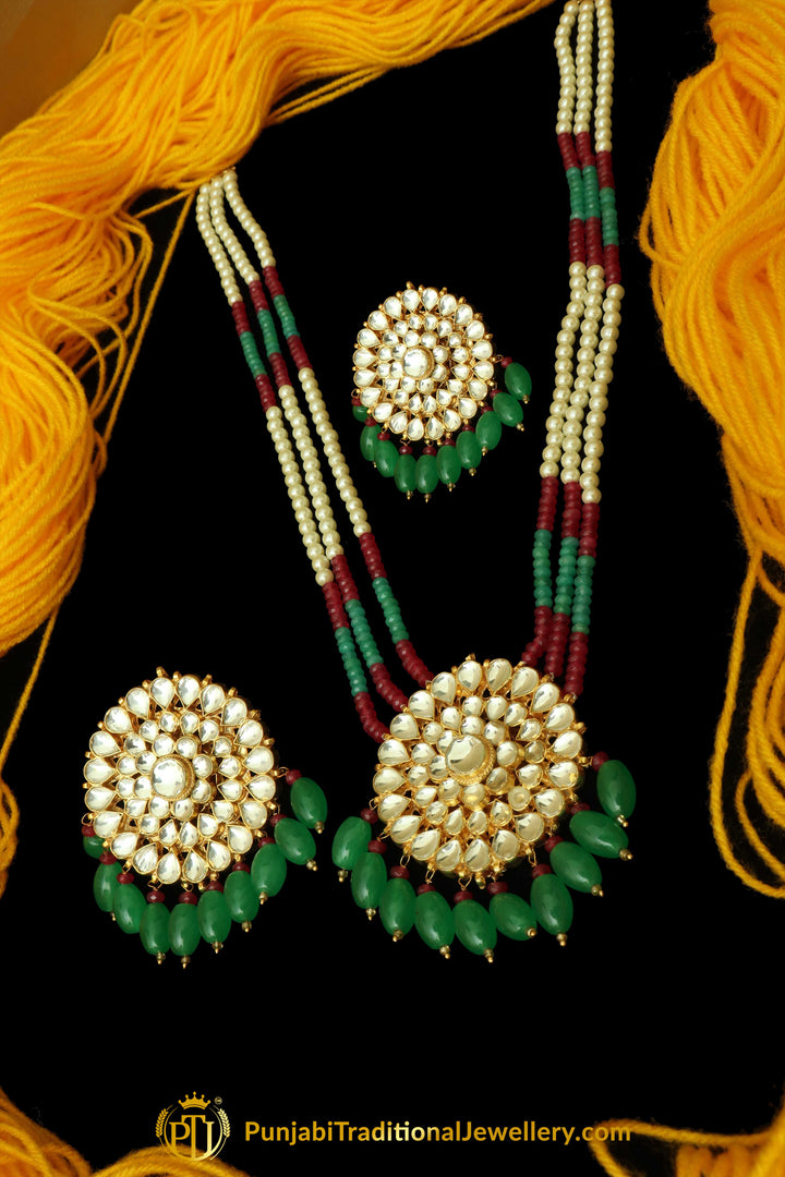 Green Red Kundan & Pearl Long Necklace Set By Punjabi Traditional Jewellery