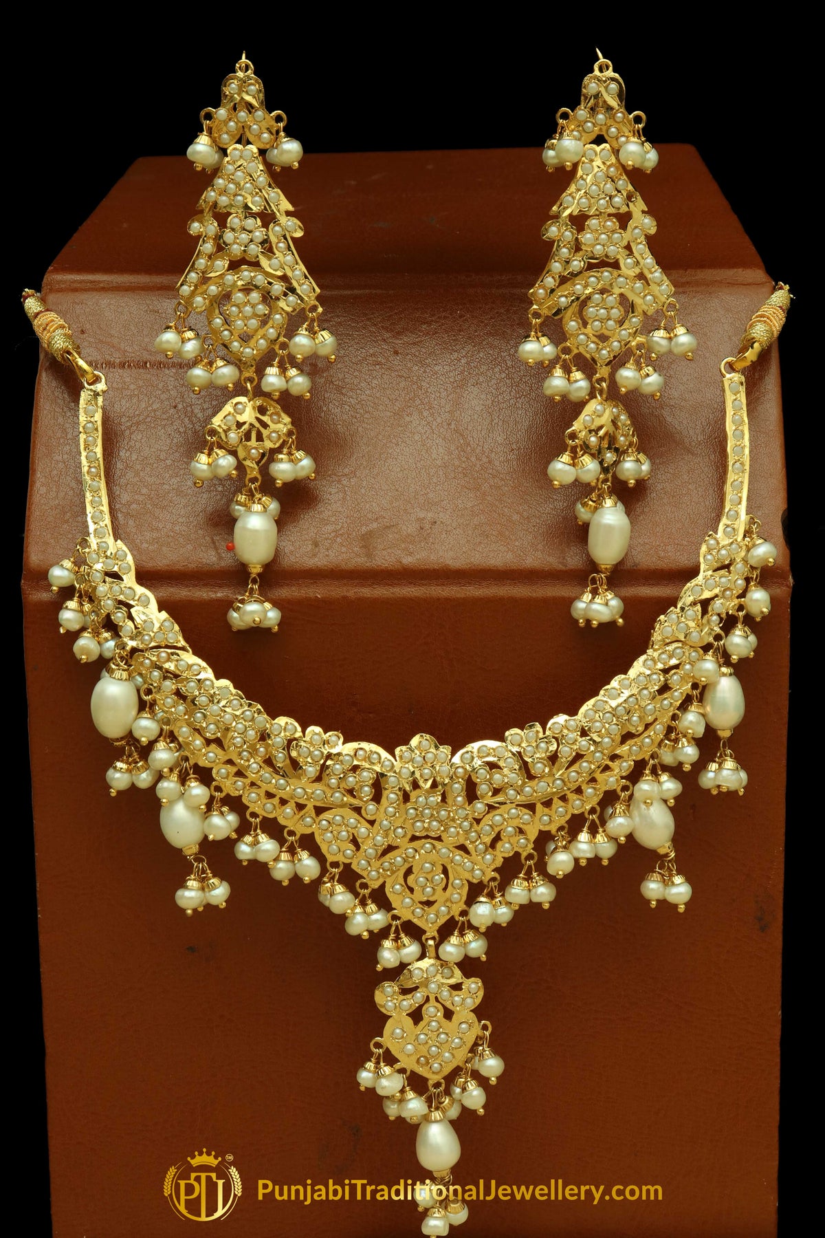 Golden Jadau Pearl Necklace Set By Punjabi Traditional Jewellery