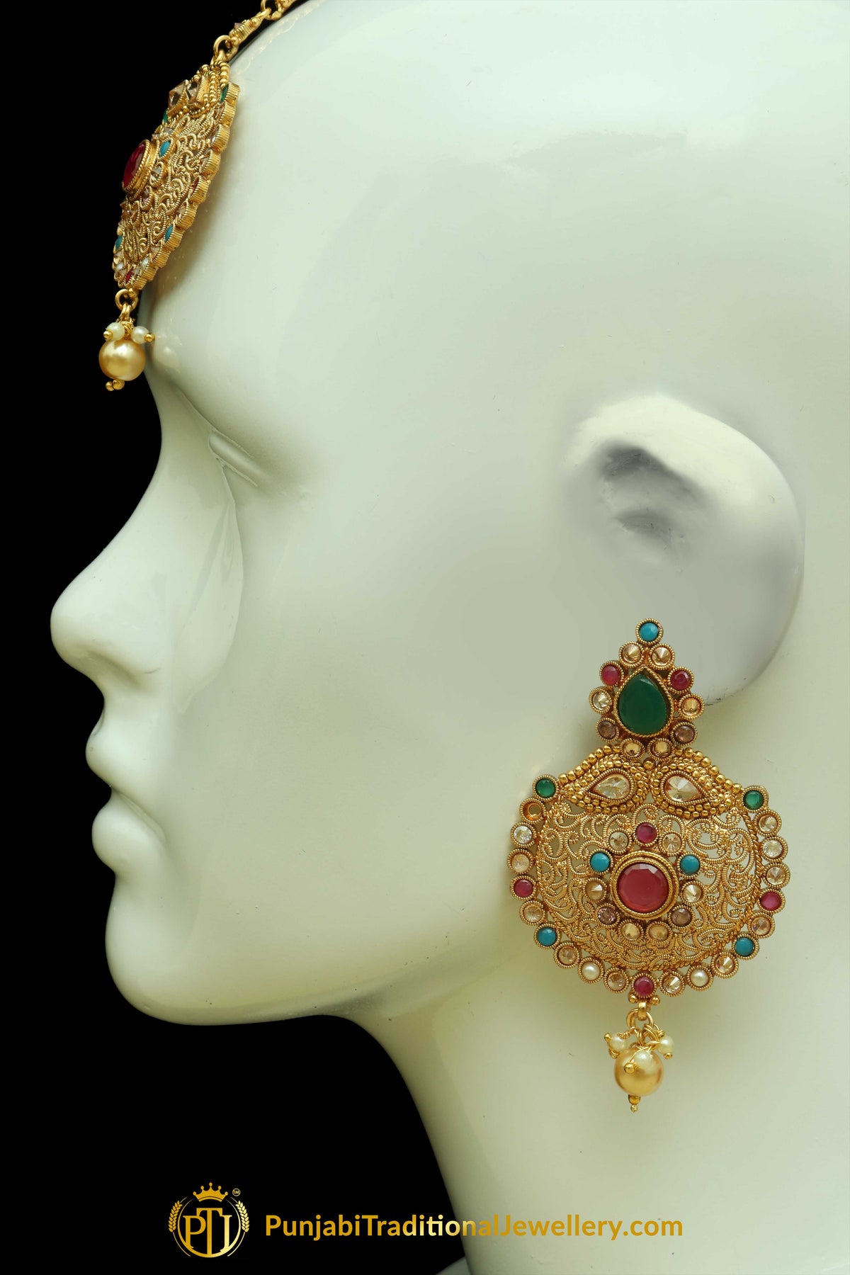 Multi Polki Earrings Tikka Set By Punjabi Traditional Jewellery