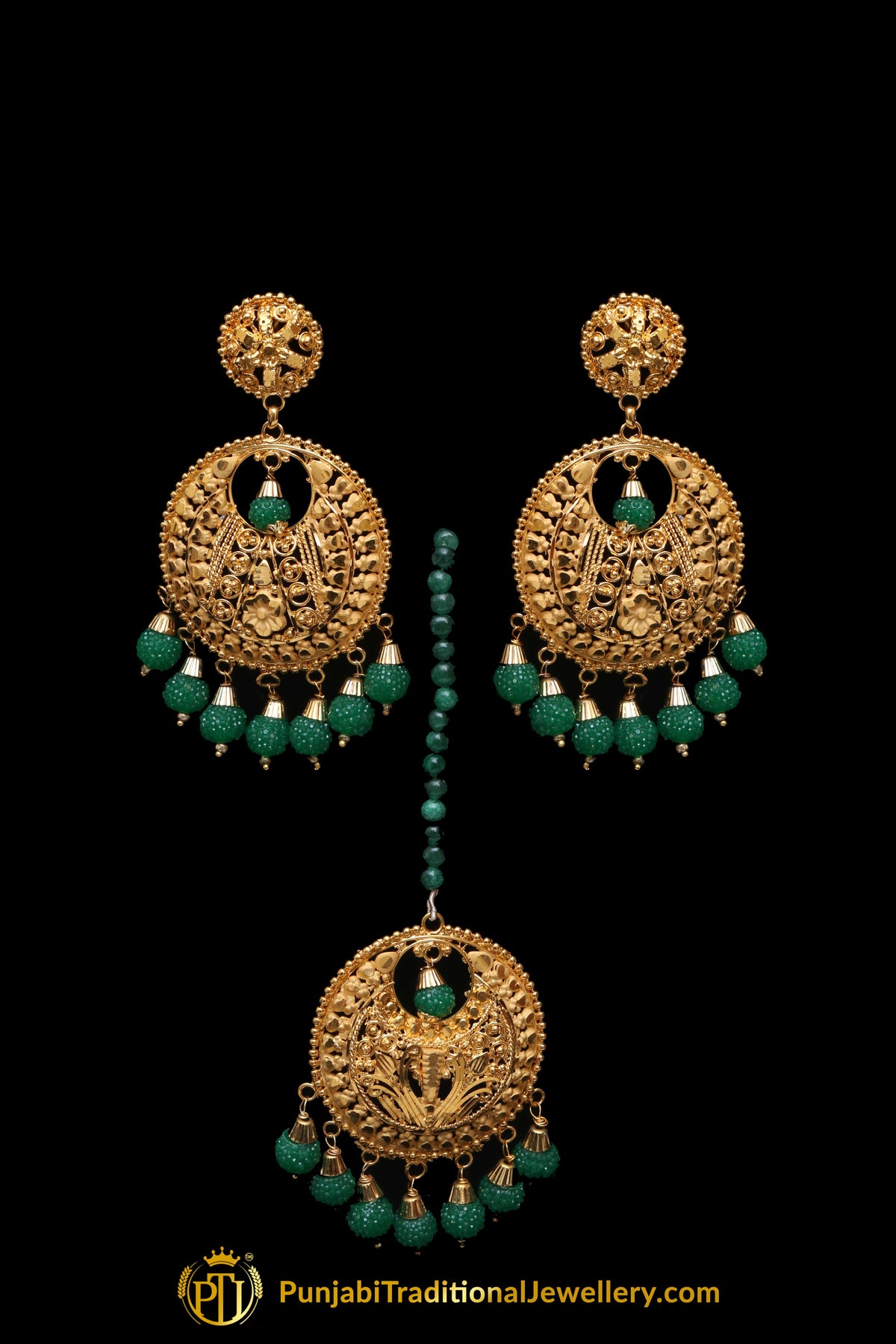 Antique Gold Green  Earring Tikka Set By Punjabi Traditional Jewellery