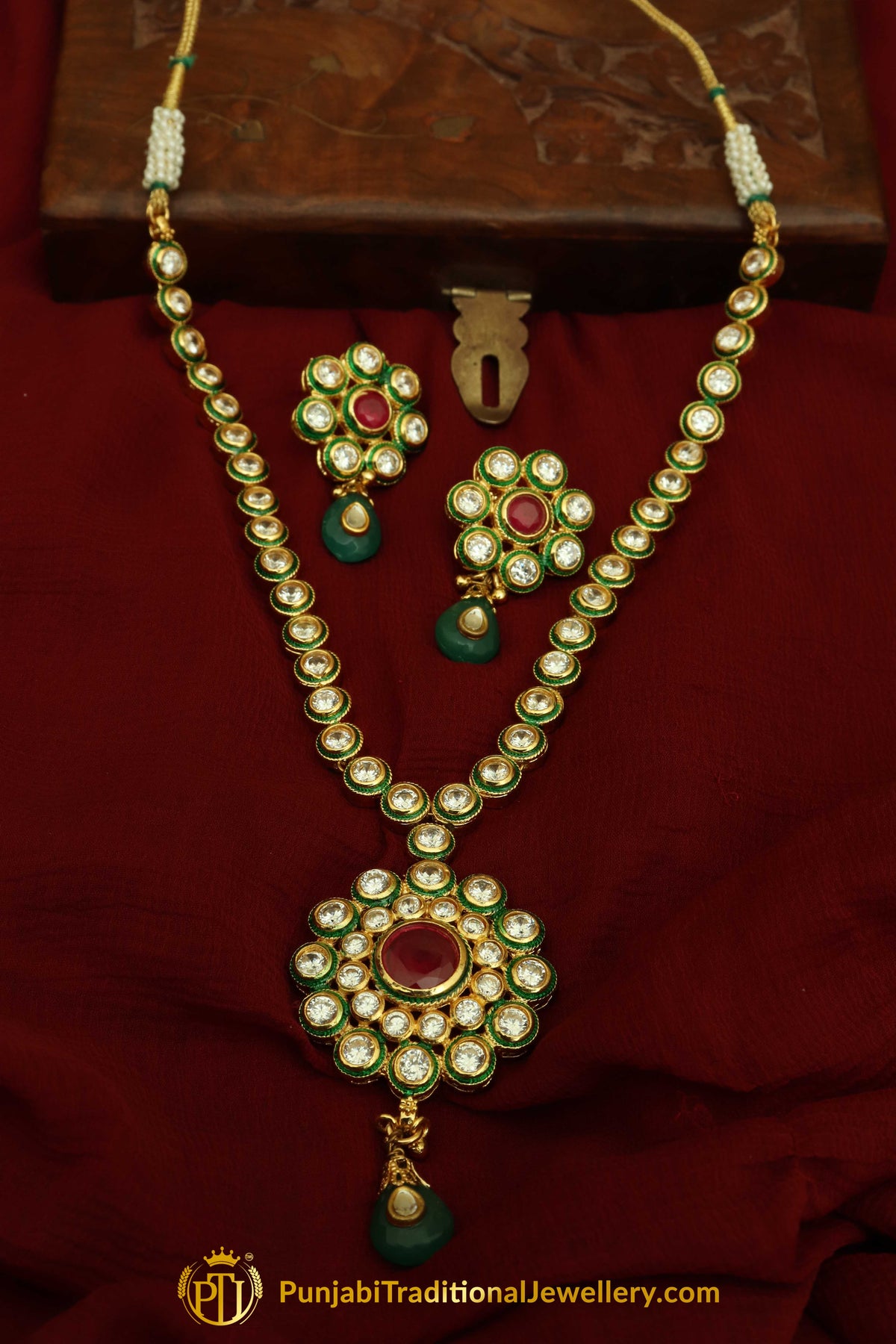 Red Color Green Polki Pearl Necklace Set By Punjabi Traditional Jewellery
