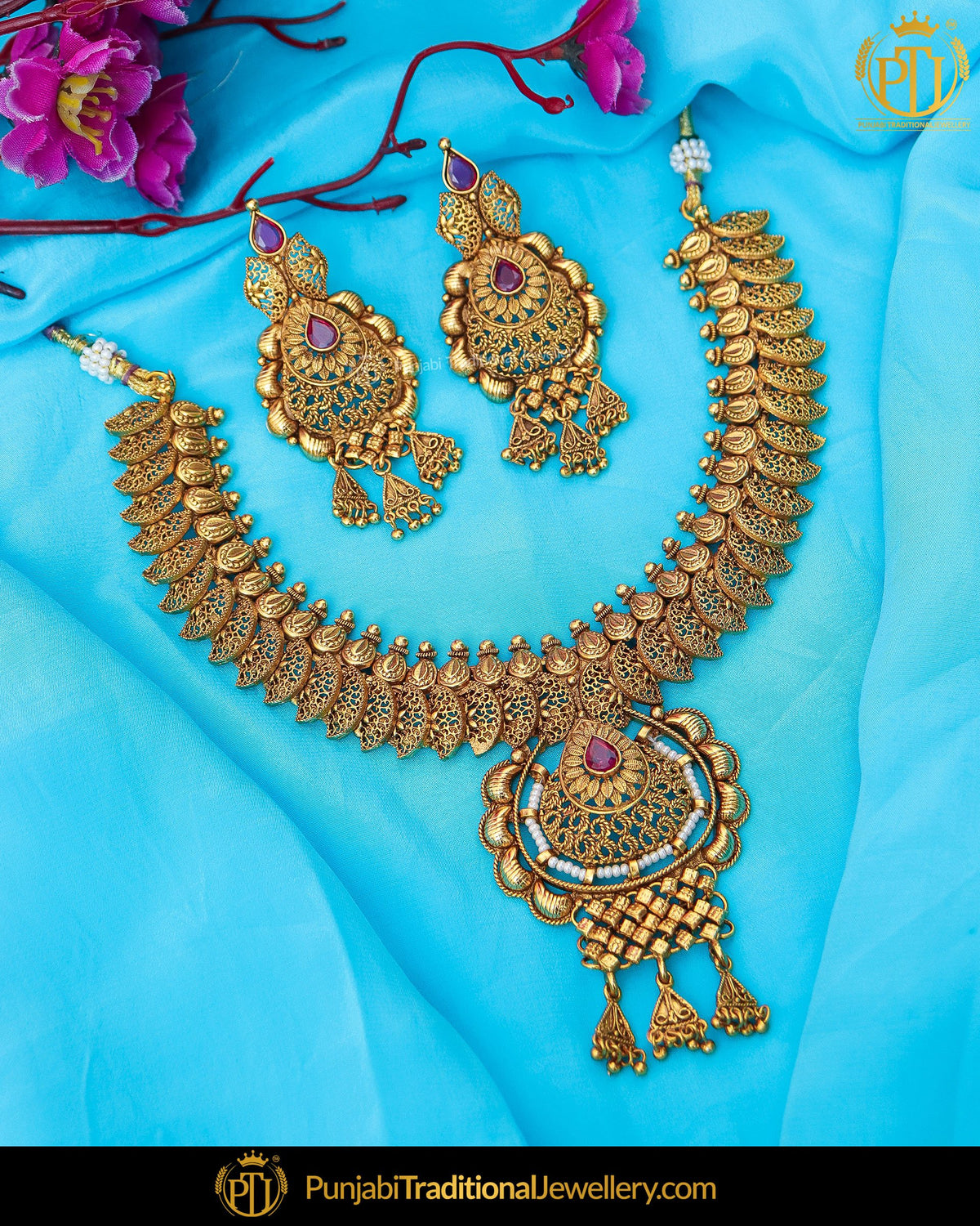 Antique Gold Finished Rubby Johda Necklace Set  | Punjabi Traditional Jewellery Exclusive