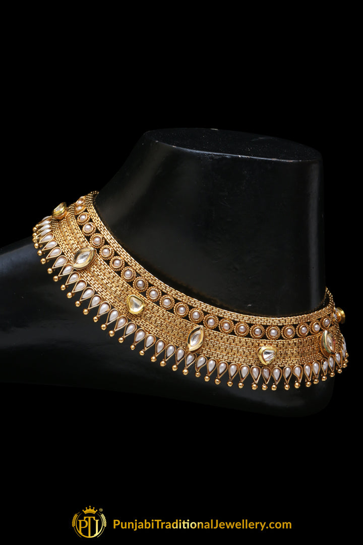 Gold Plated With Pearl Payal By Punjabi Traditional Jewellery