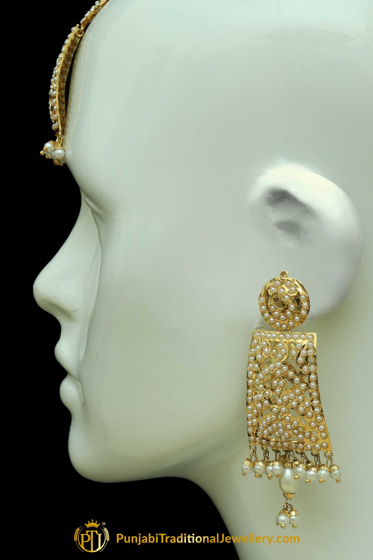 Golden Jadau Pearl Earring Tikka Set By Punjabi Traditional Jewellery