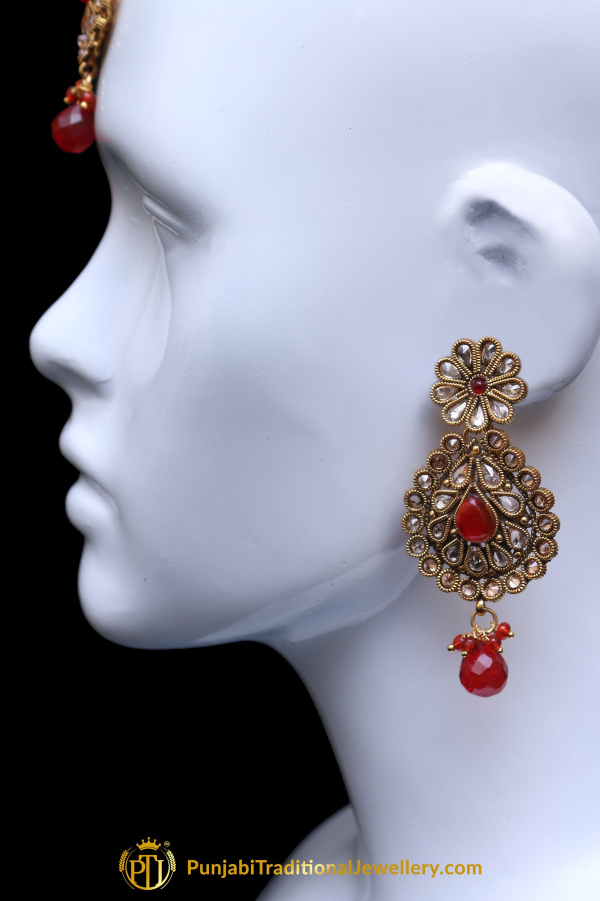 Red Champagne Stone Earring Tikka Set By Punjabi Traditional Jewellery