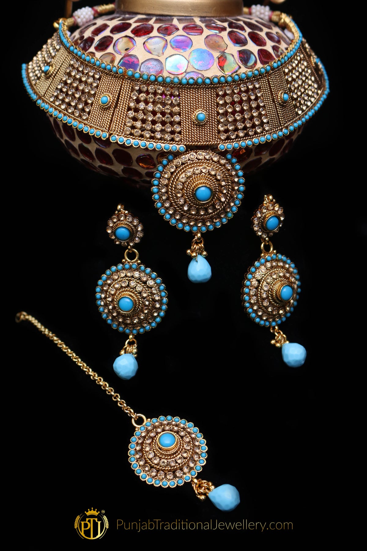 Gold Plated Firozi Champagne Stone Choker Necklace Set By Punjabi Traditional Jewellery