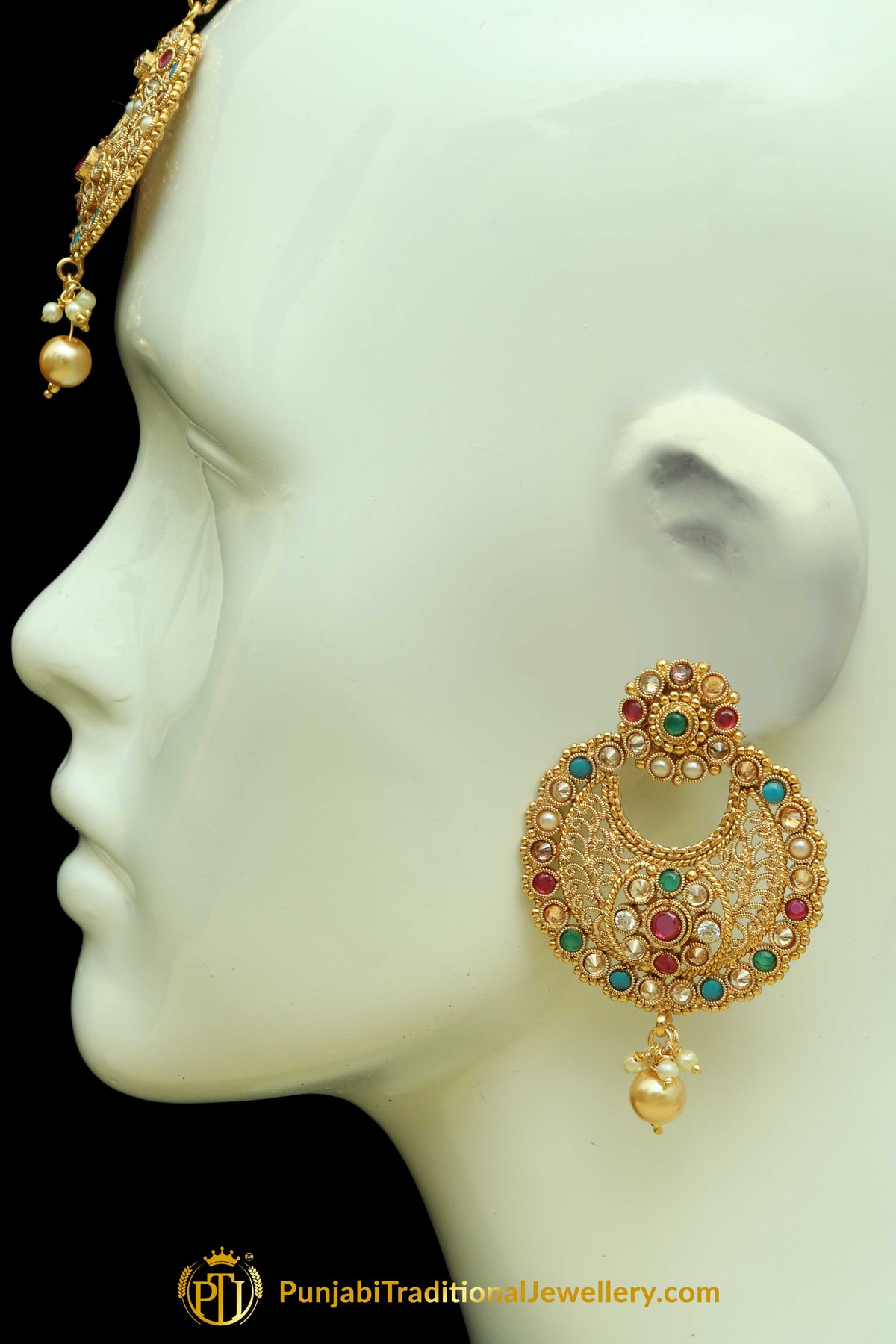 Multi Polki Earrings Tikka Set By Punjabi Traditional Jewellery