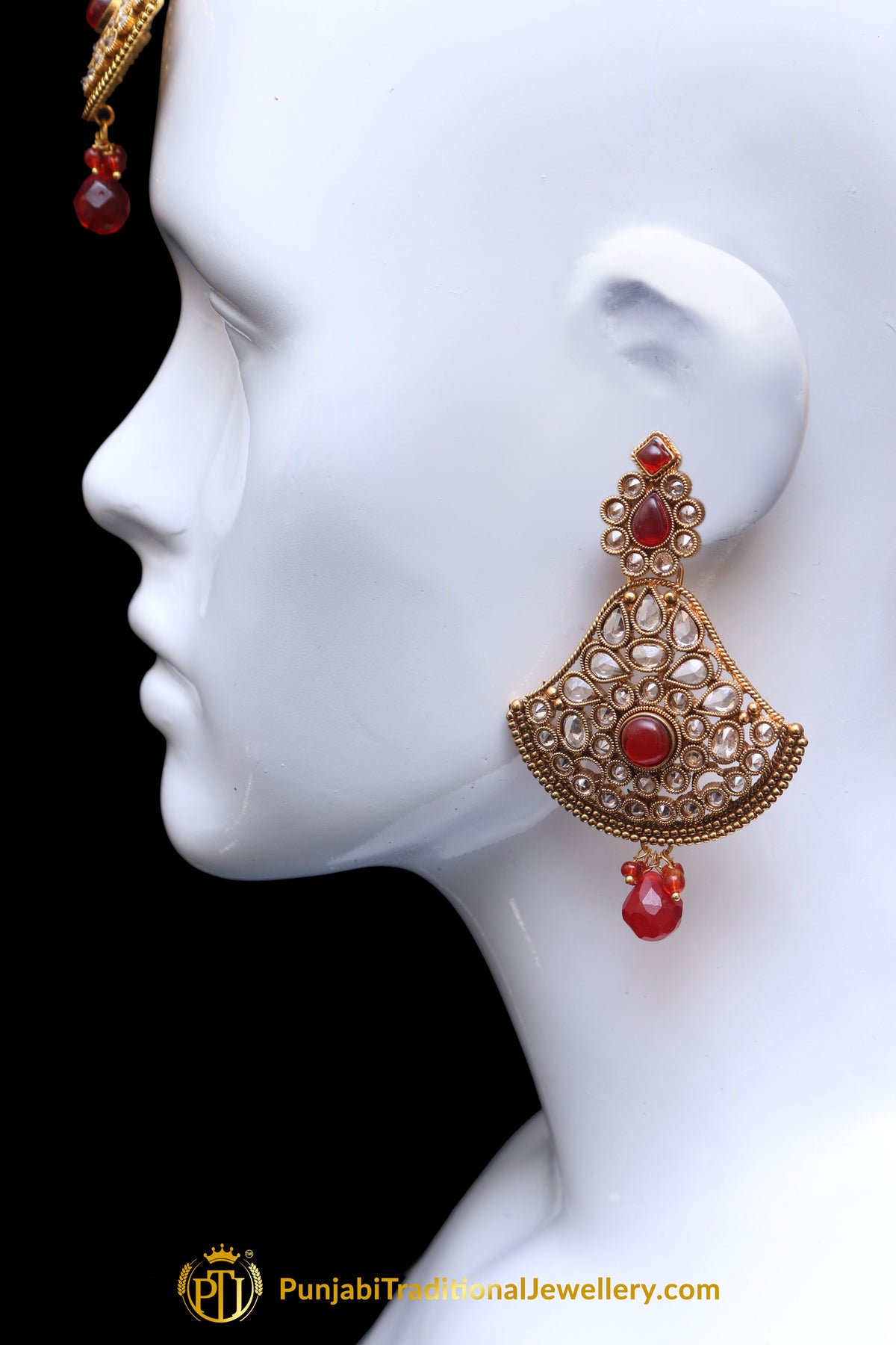 Red Polki Earring Tikka Set By Punjabi Traditional Jewellery