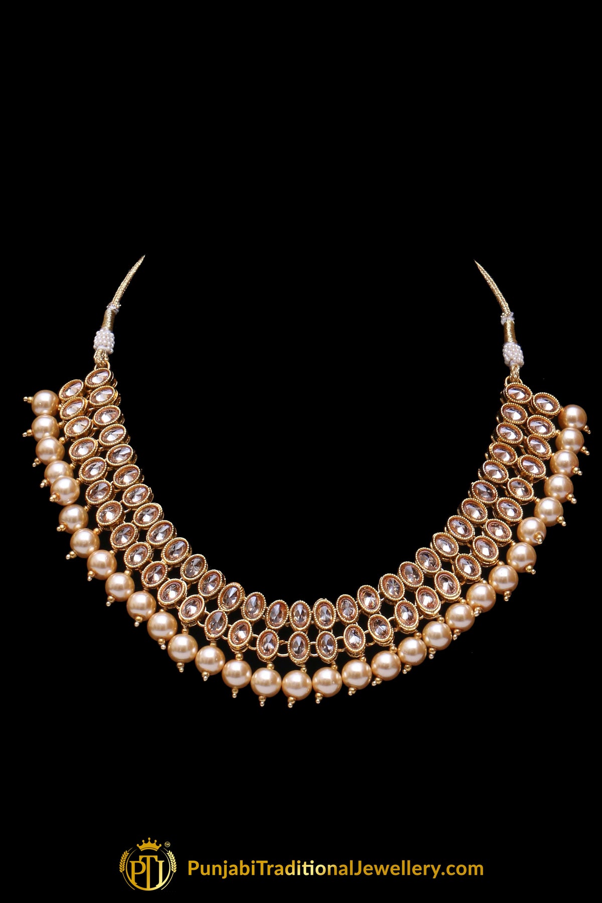 Pearl Champagne Stone Necklace Set By Punjabi Taditional Jewellery
