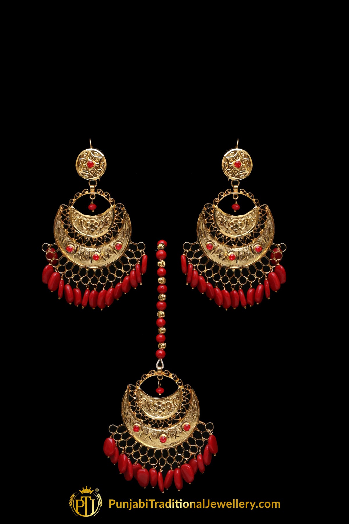 Red Earring Tikka Set By Punjabi Traditional Jewellery