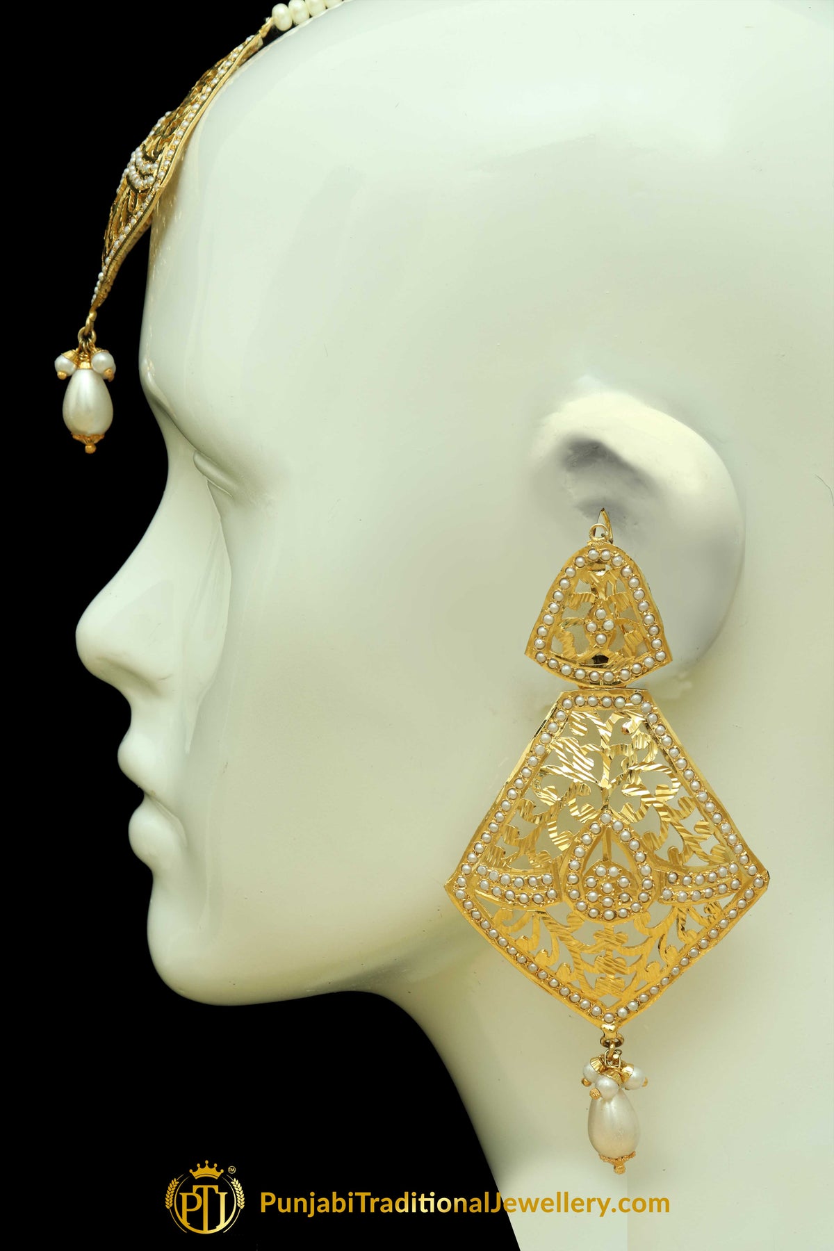 Golden Jadau Pearl Earring Tikka Set By Punjabi Traditional Jewellery