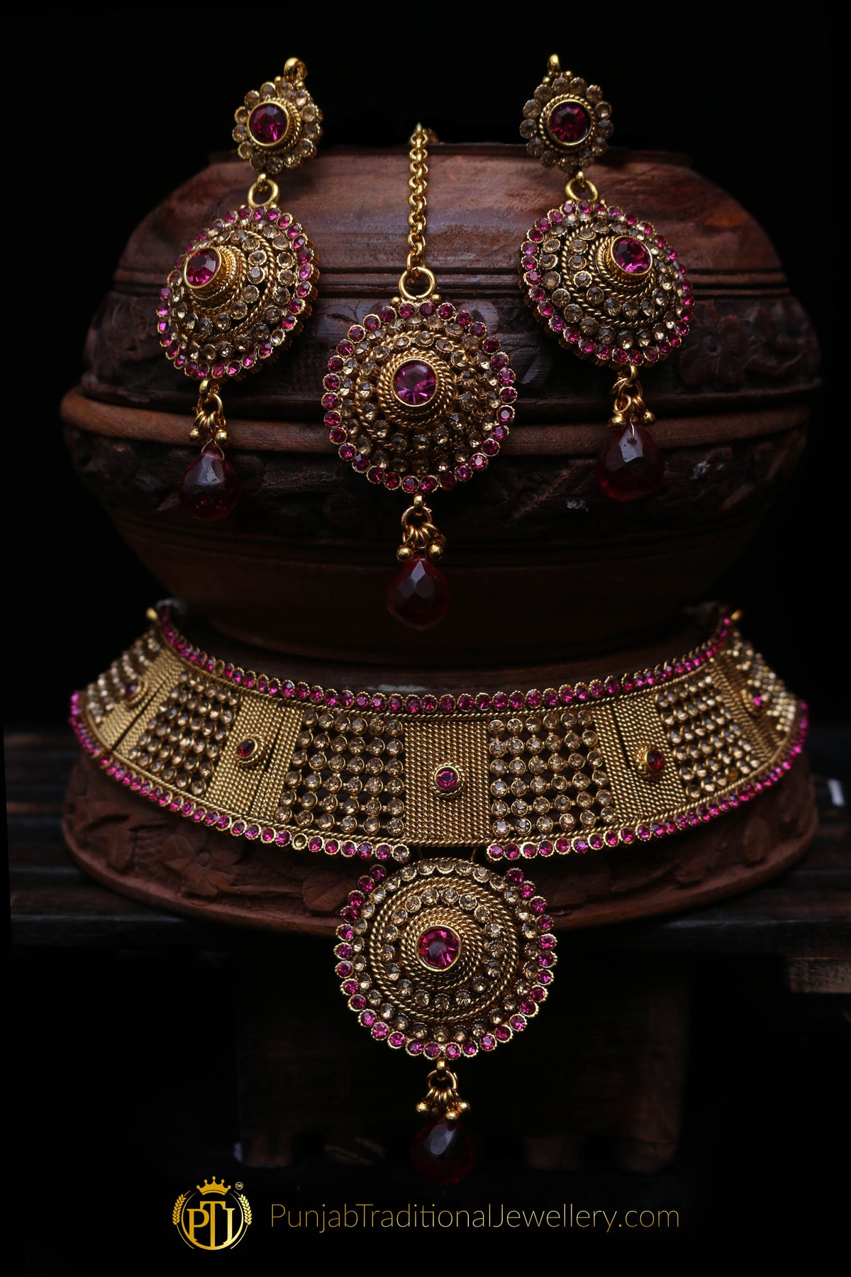 Gold Plated Pink Champagne Stone Choker Necklace Set By Punjabi Traditional Jewellery