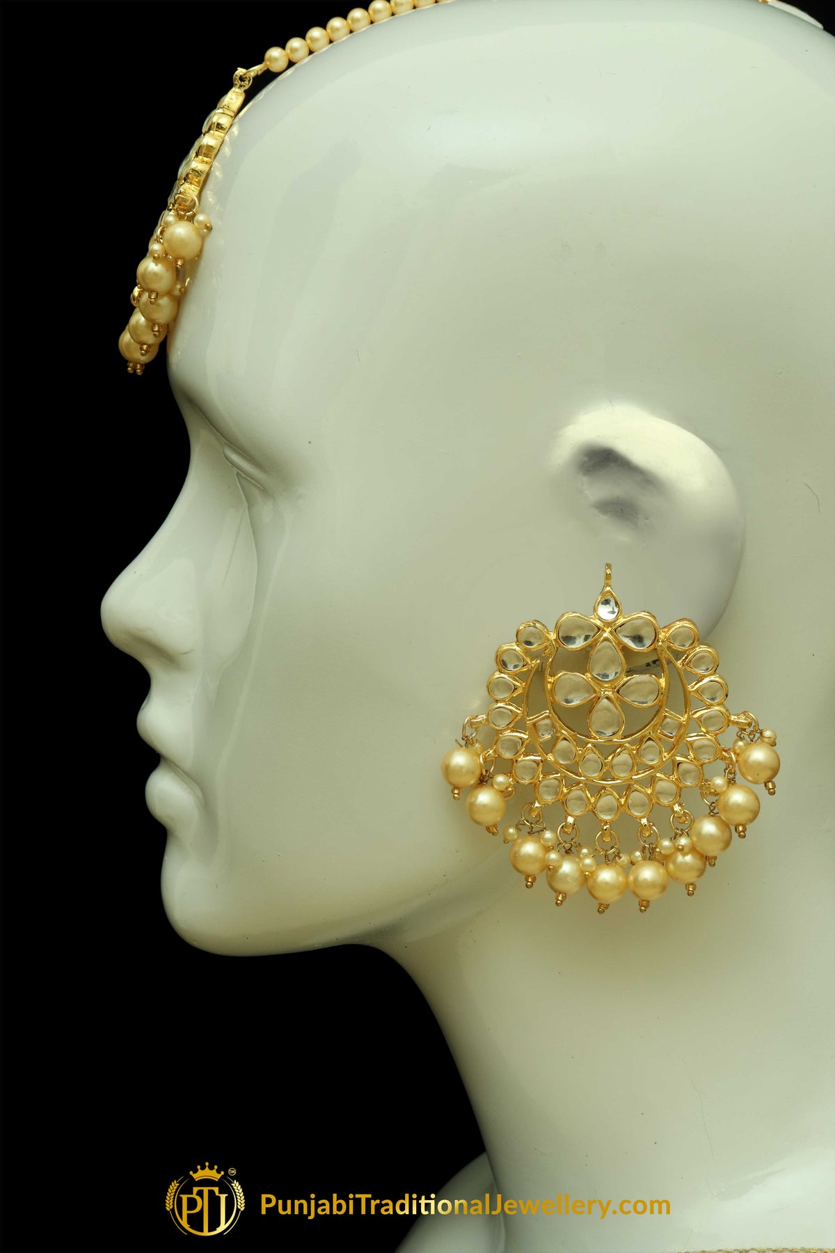 Golden Kundan Earring Tikka Set By Punjabi Traditional Jewellery