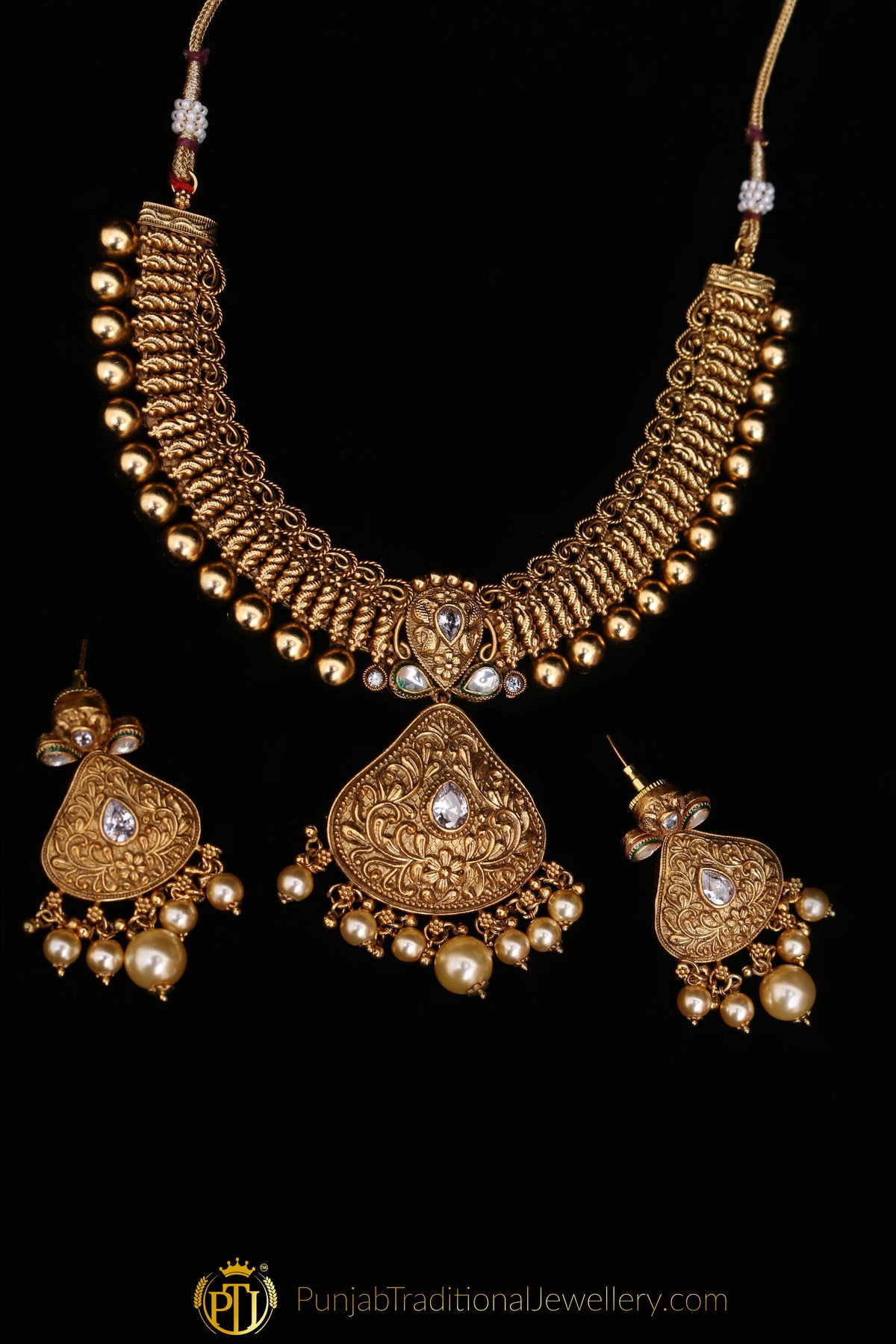 White Pearl Antique Gold Necklace Set By Punjabi Traditional Jewellery