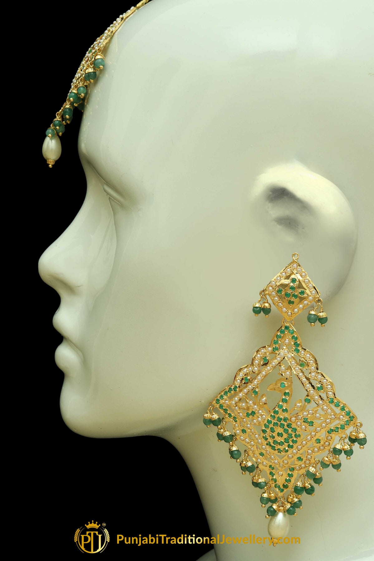 Green Jadau Pearl Earring Tikka Set By Punjabi Traditional Jewellery
