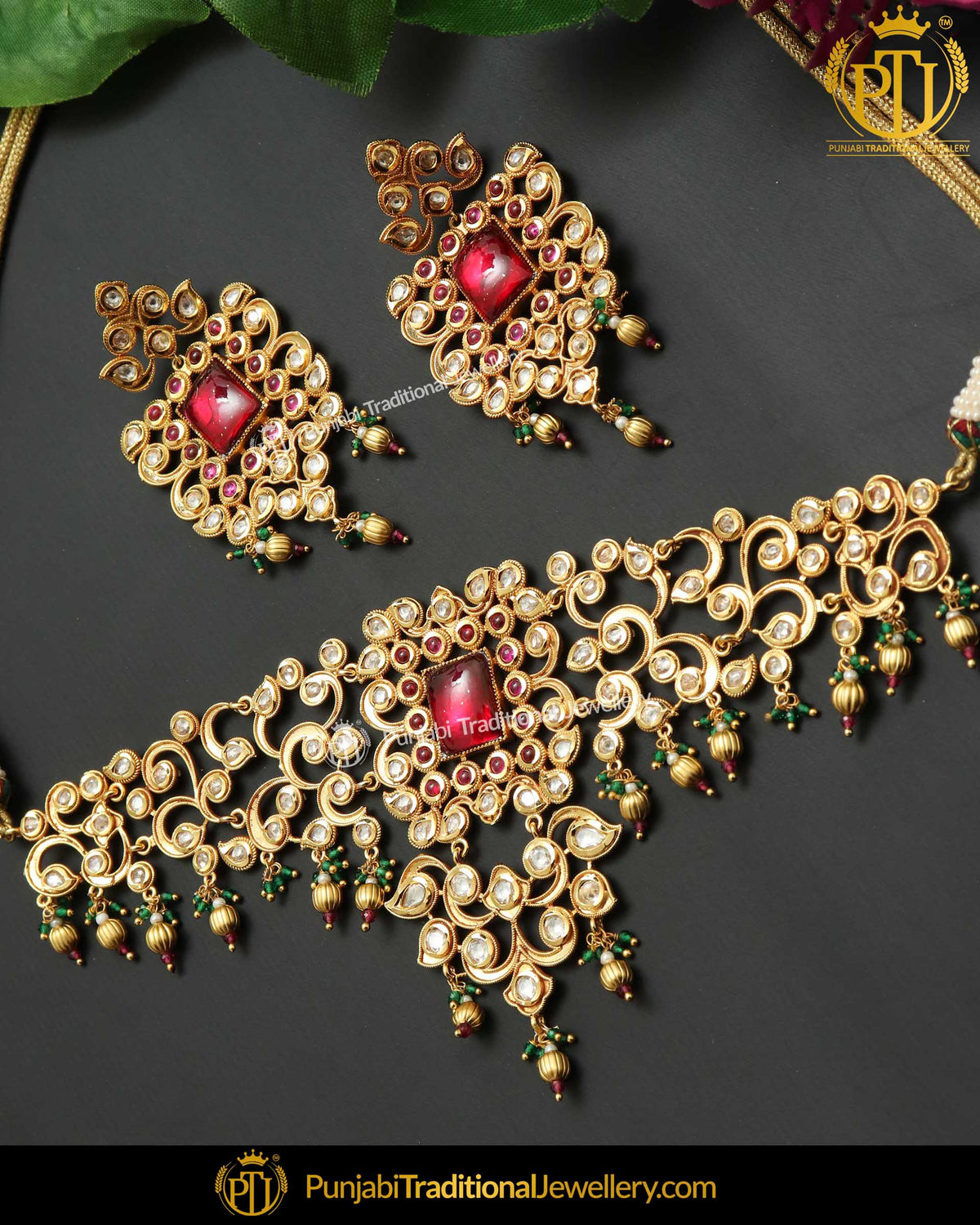 Matt Gold Green Red Polki Choker Necklace Set | Punjabi Traditional Jewellery Exclusive