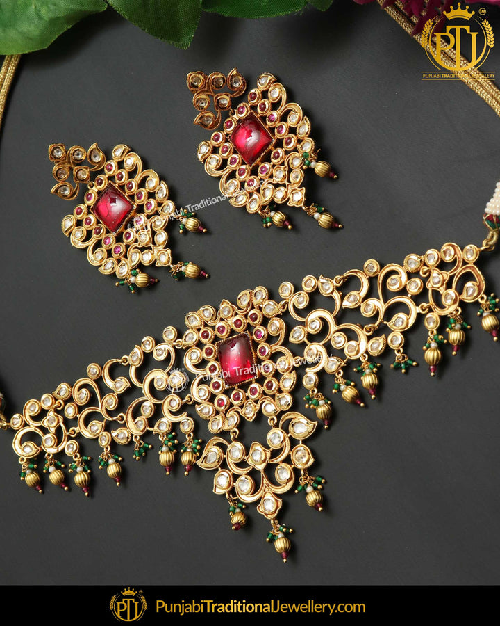Matt Gold Green Red Polki Choker Necklace Set | Punjabi Traditional Jewellery Exclusive