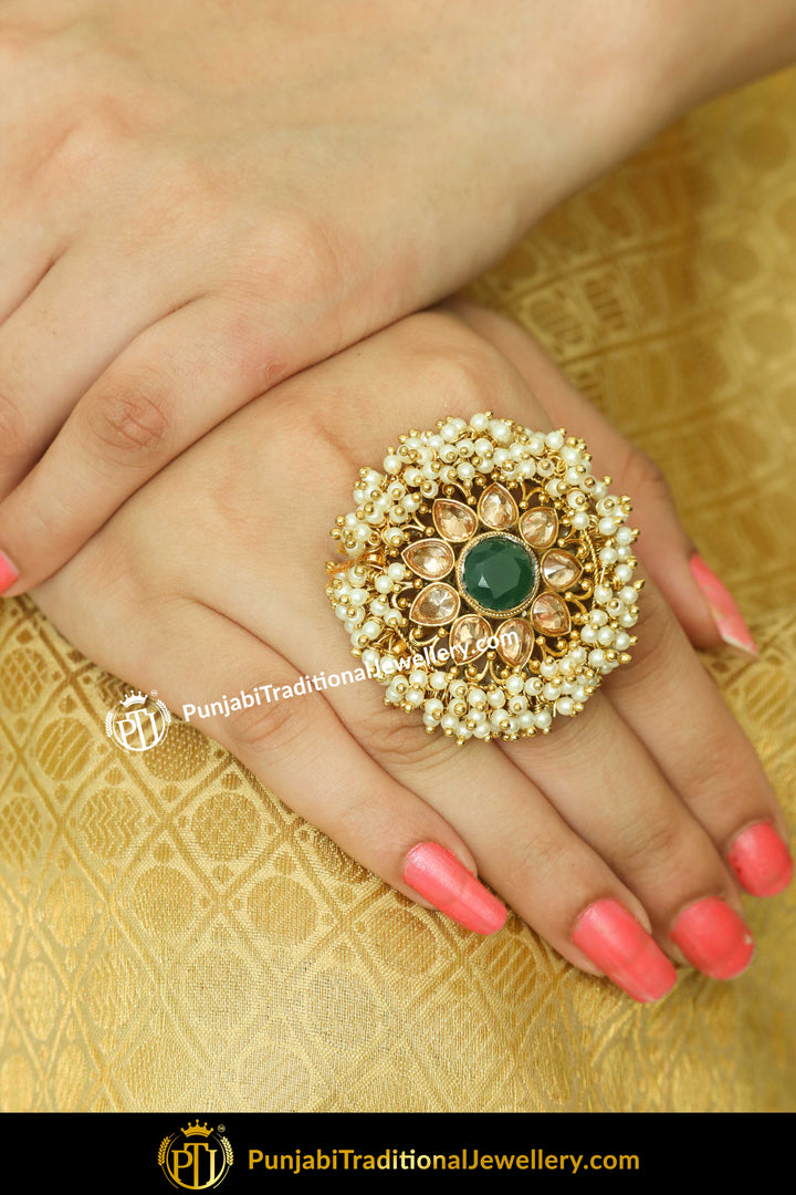 Khalidah Gold Finished Pearl Chamapgne Stone Ring | Punjabi Traditional Jewellery Exclusive