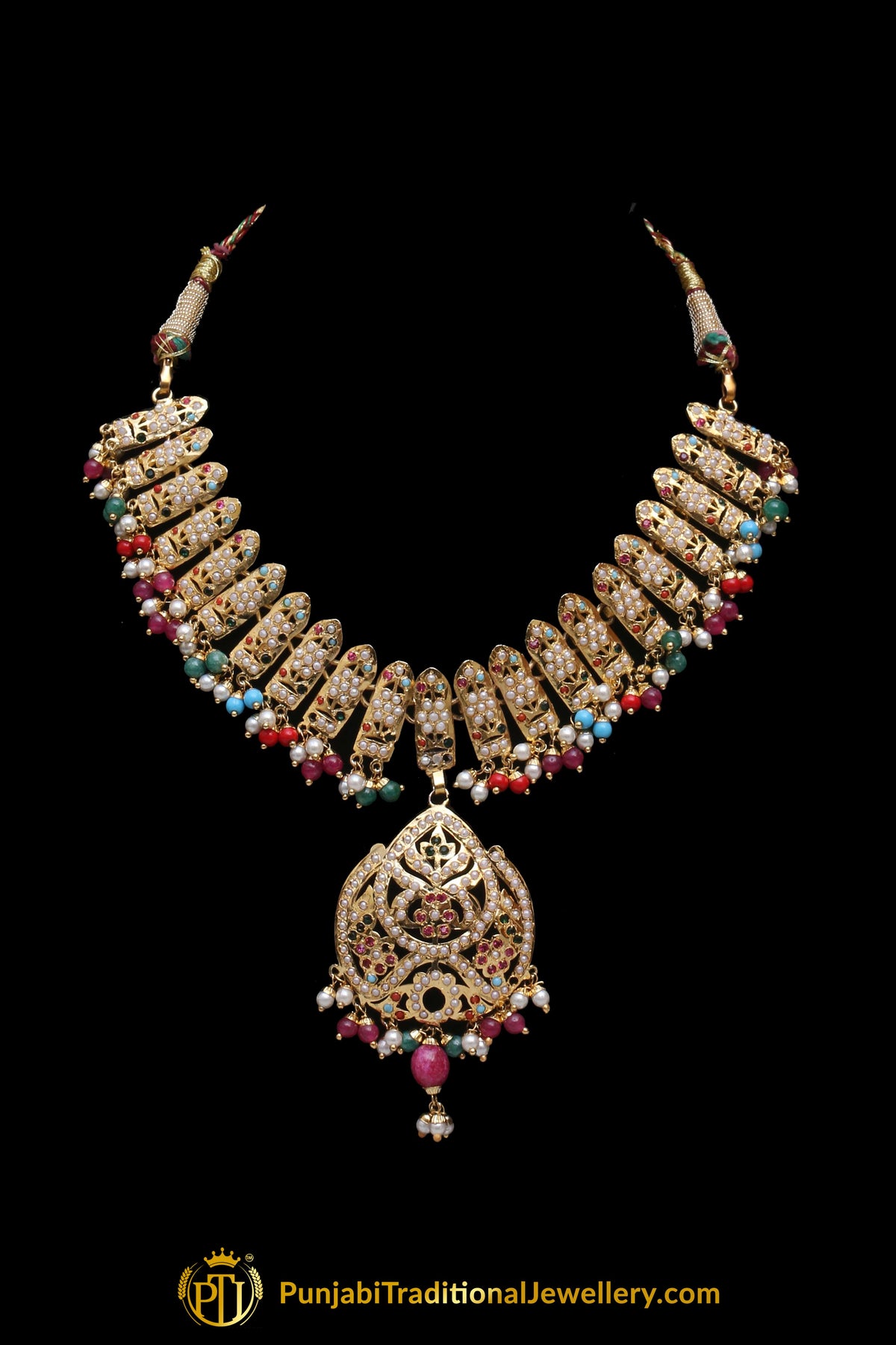 Multi Jadau Pearl Necklace Set By Punjabi Traditional Jewellery