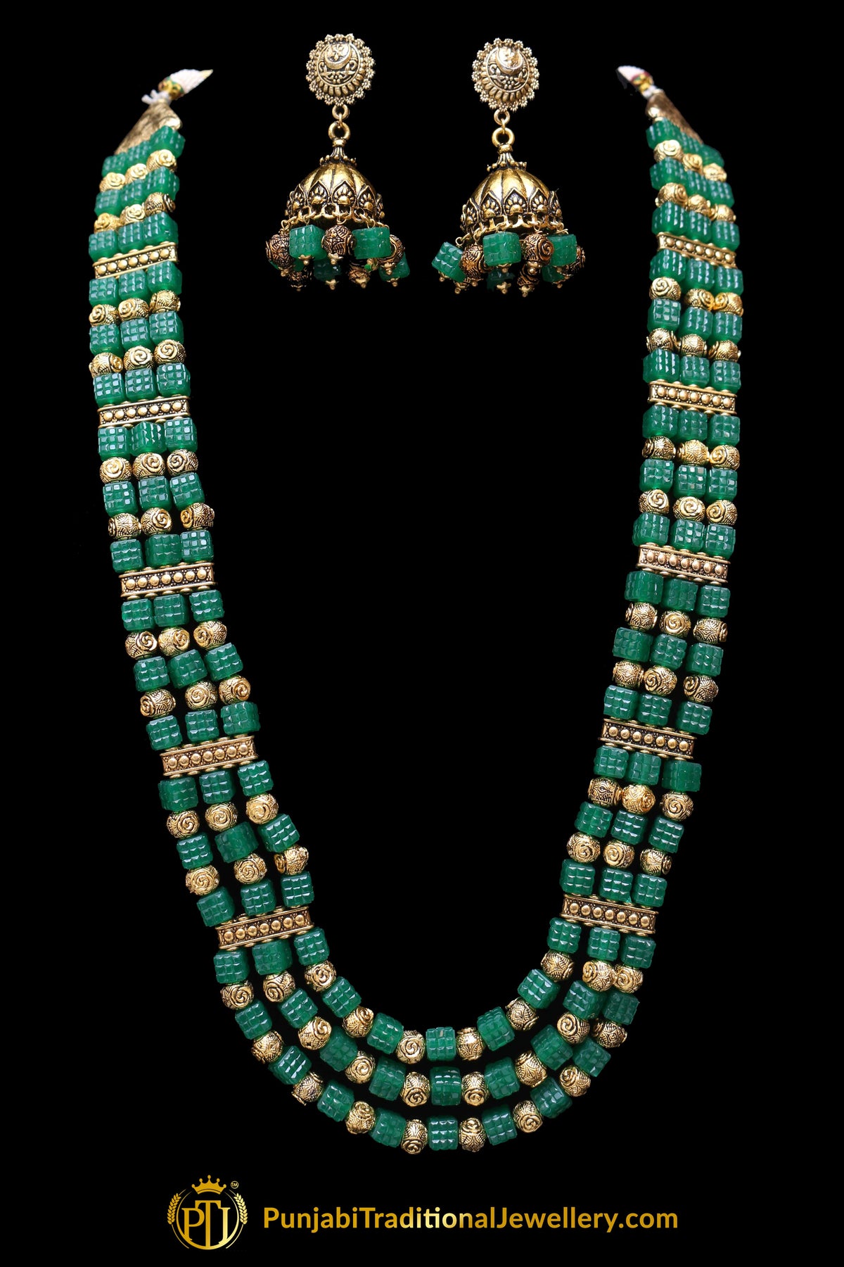 Green Antique Gold Necklace Set By Punjabi Traditional Jewellery