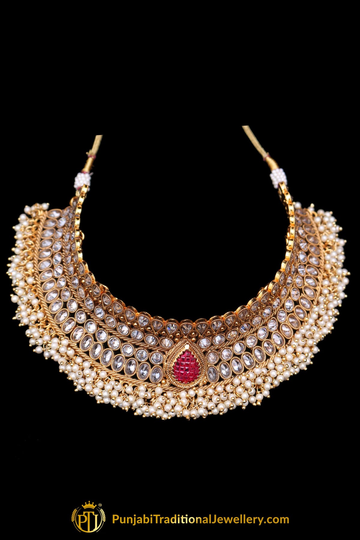 Polki Pearl Choker Necklace Set By Punjabi Traditional Jewellery