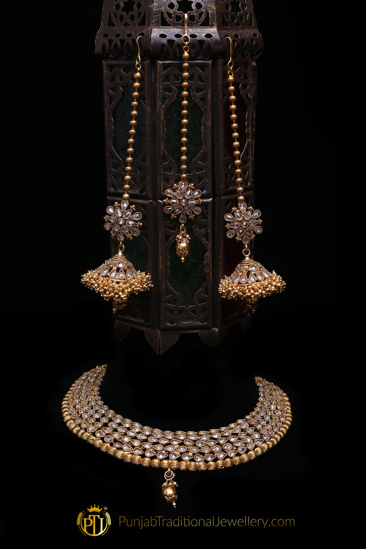 Gold Plated Polki Choker Necklace Set With Sahare Earrings By Punjabi Traditional Jewellery
