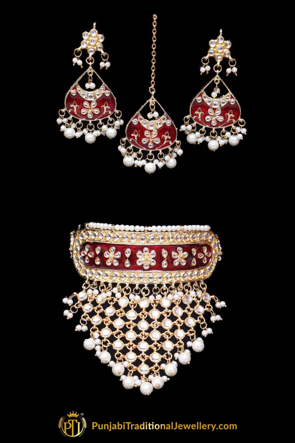 Red Choker Pearl Kundan Meena Necklace Set By Punjabi Traditional Jewellery