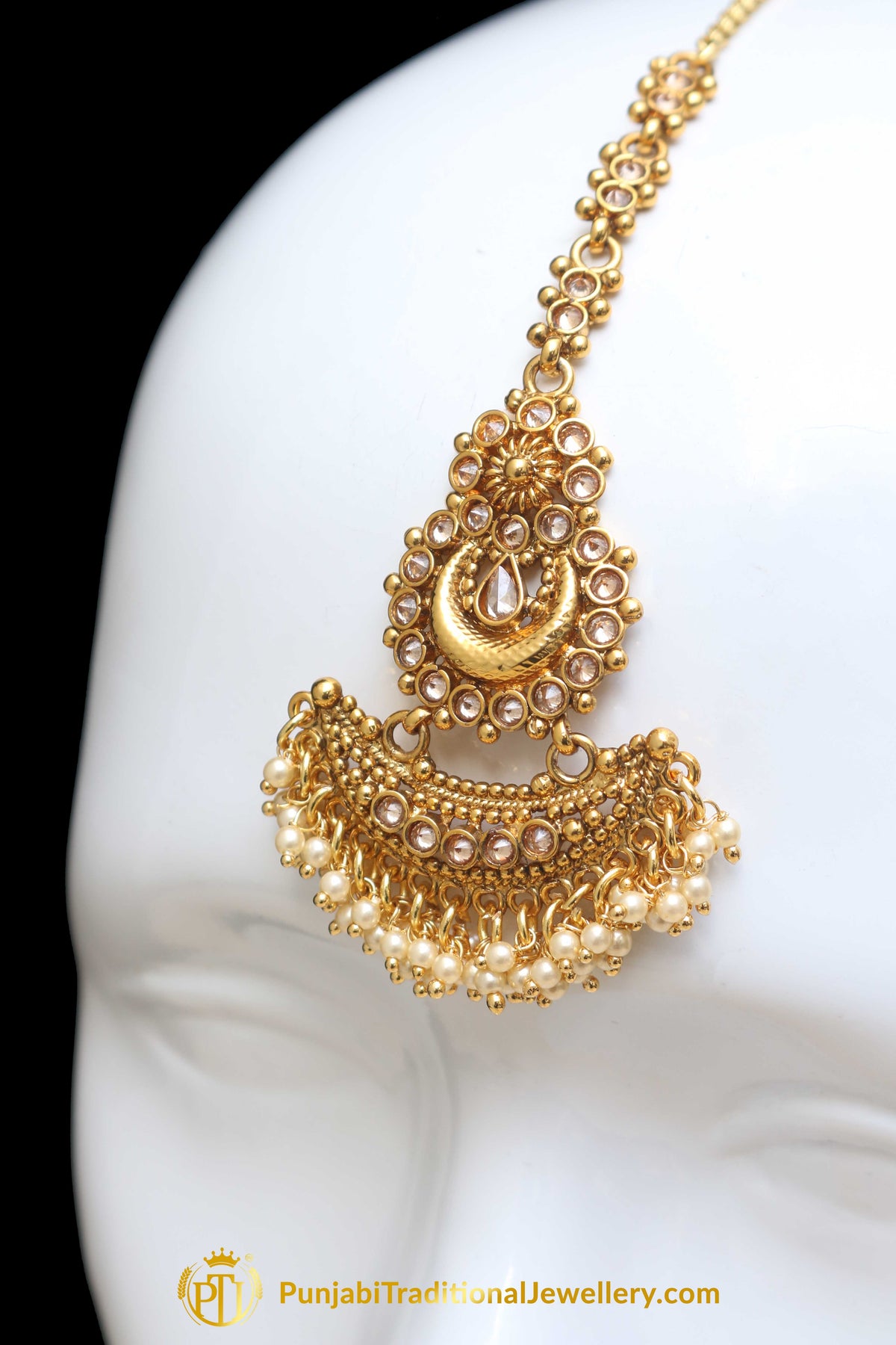 Antique Gold Champagne Stone Pearl Earring Tikka Set By Punjabi Traditional Jewellery