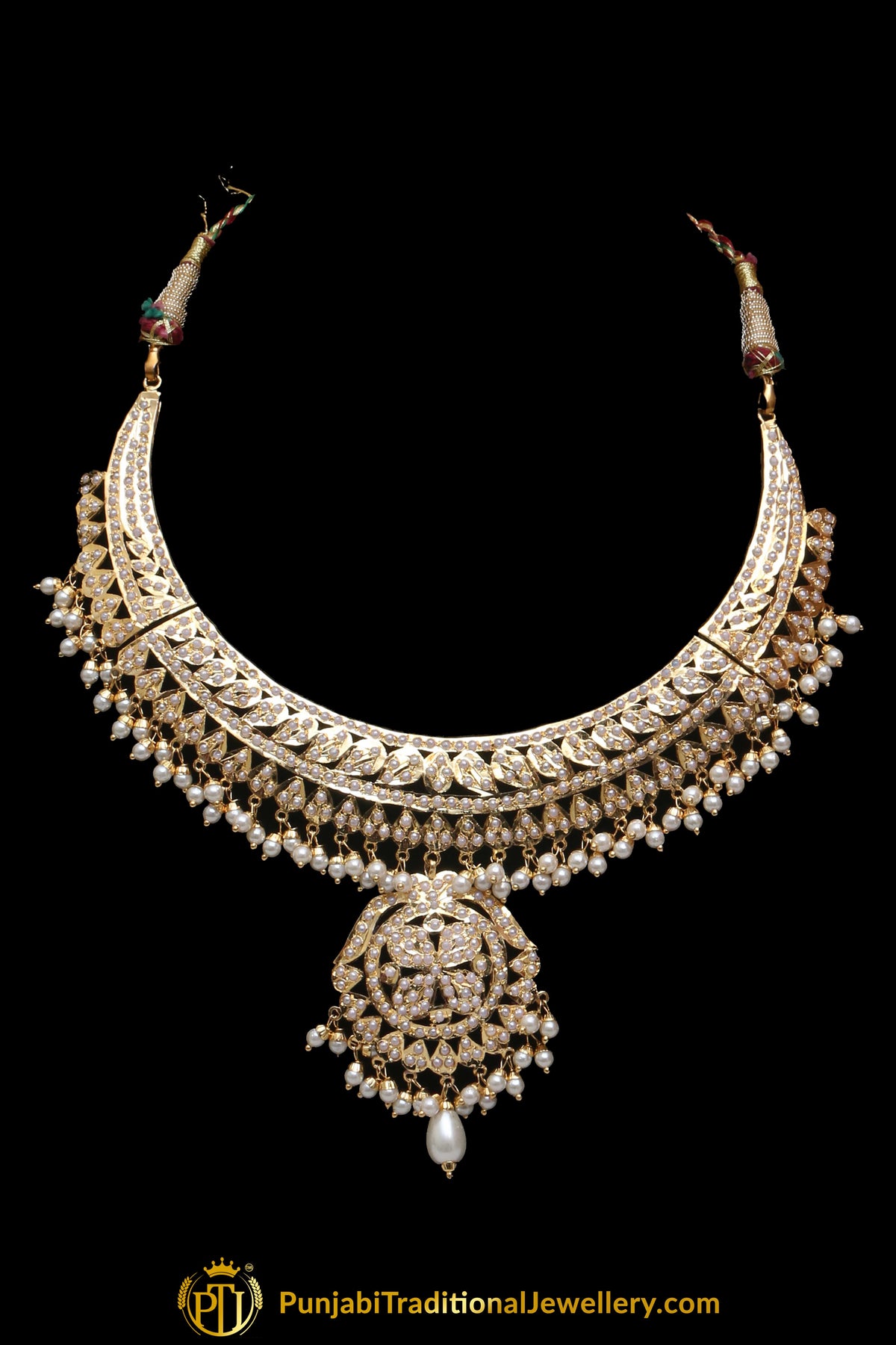 White Jadau Pearl Necklace Set By Punjabi Taditional Jewellery