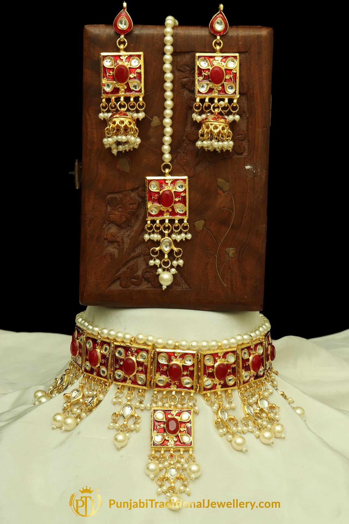 Rubby Meena Kundan Pearl Choker Necklace Set By Punjabi Traditional Jewellery