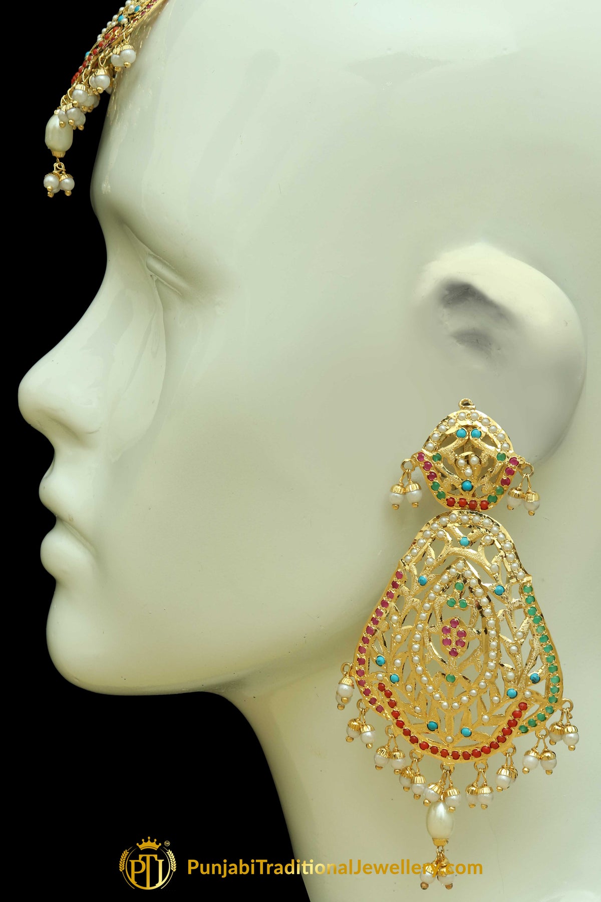 Multi Jadau Pearl Earring Tikka Set By Punjabi Traditional Jewellery