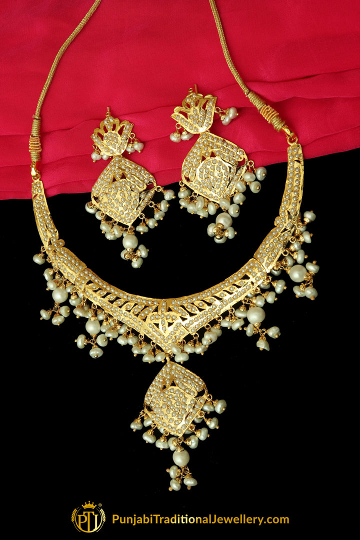 Golden Jadau Pearl Necklace Set By Punjabi Traditional Jewellery