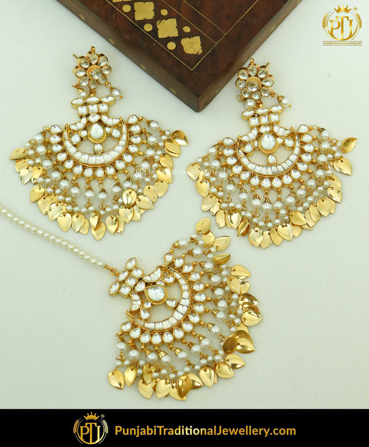 Gold Finished Pippal Patti Kundan Earrings & Tikka Set | Punjabi Traditional Jewellery Exclusive