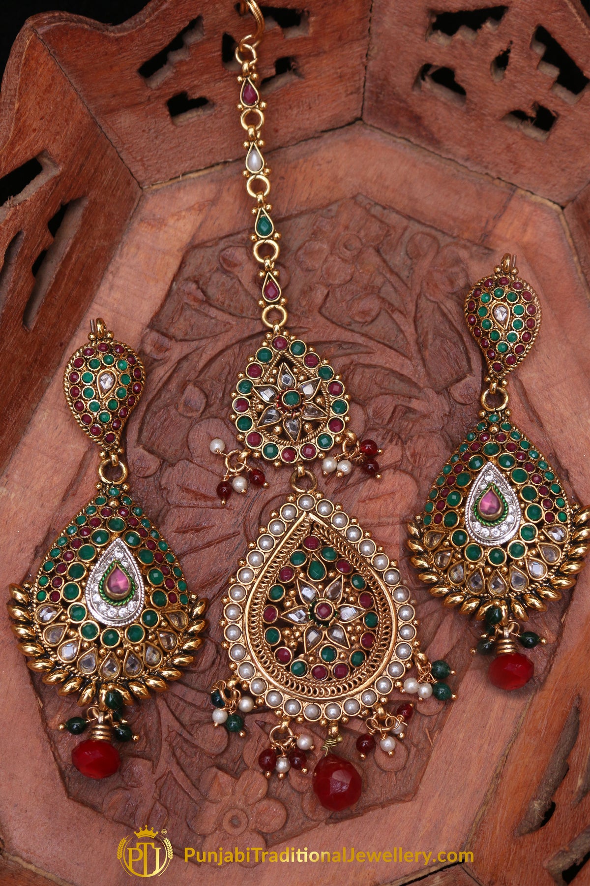 Multi Polki Earring Tikka Set By Punjabi Traditional Jewellery