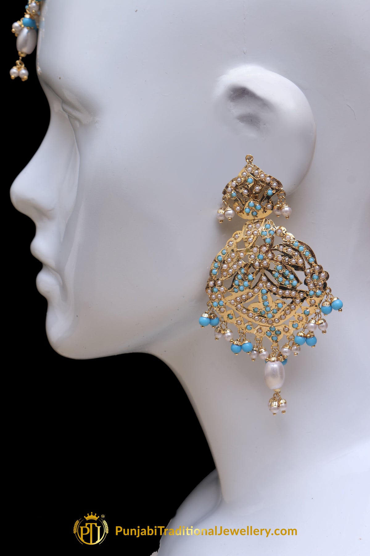 Firozi Jadau Pearl Earring Tikka Set By Punjabi Traditional Jewellery
