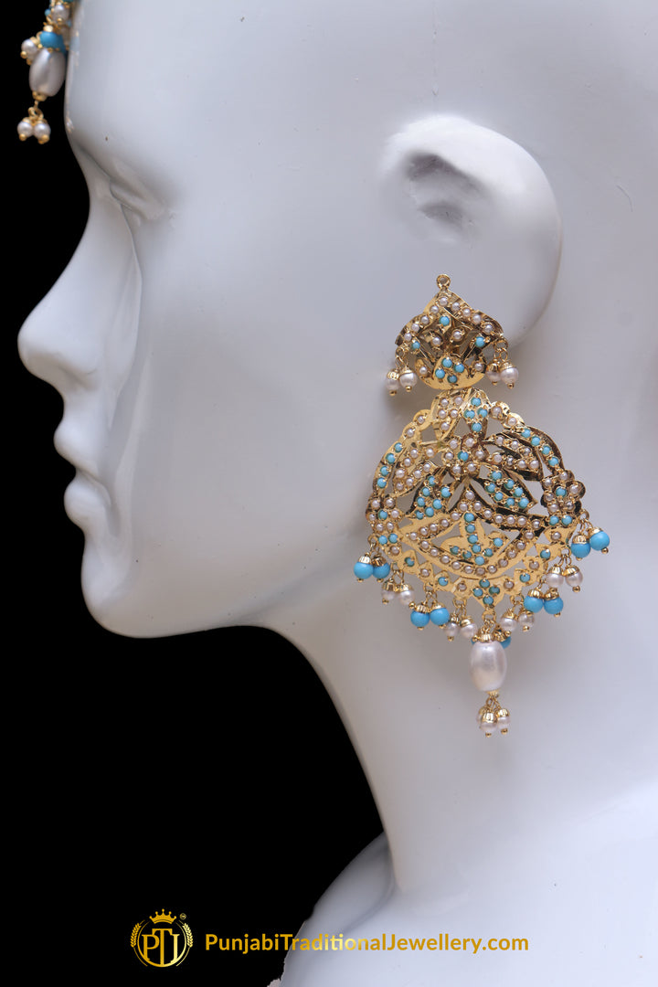 Firozi Jadau Pearl Earring Tikka Set By Punjabi Traditional Jewellery