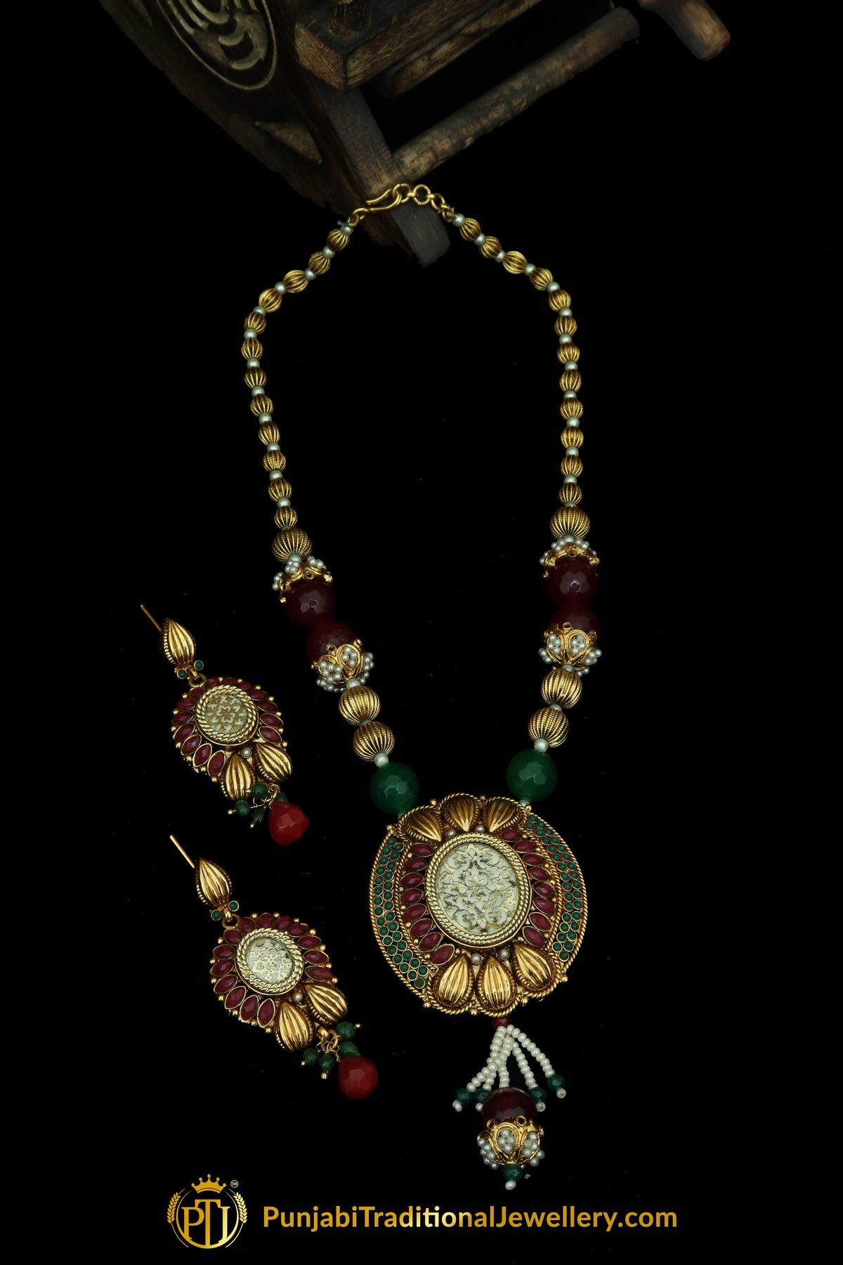 Rubby Panna Pearl Jodha Mala Necklace Set By Punjabi Traditional Jewellery