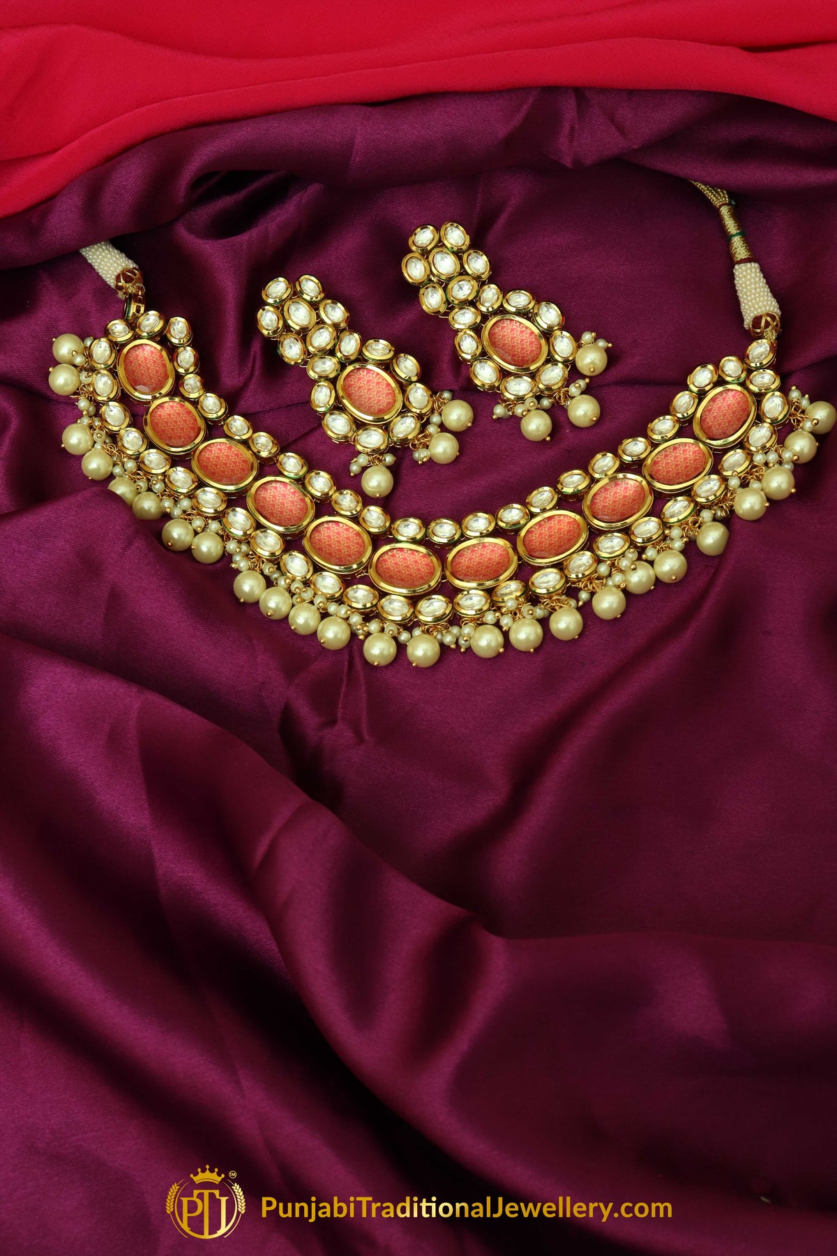 Orange Pearl & Kundan Necklace Set By Punjabi Traditional Jewellery