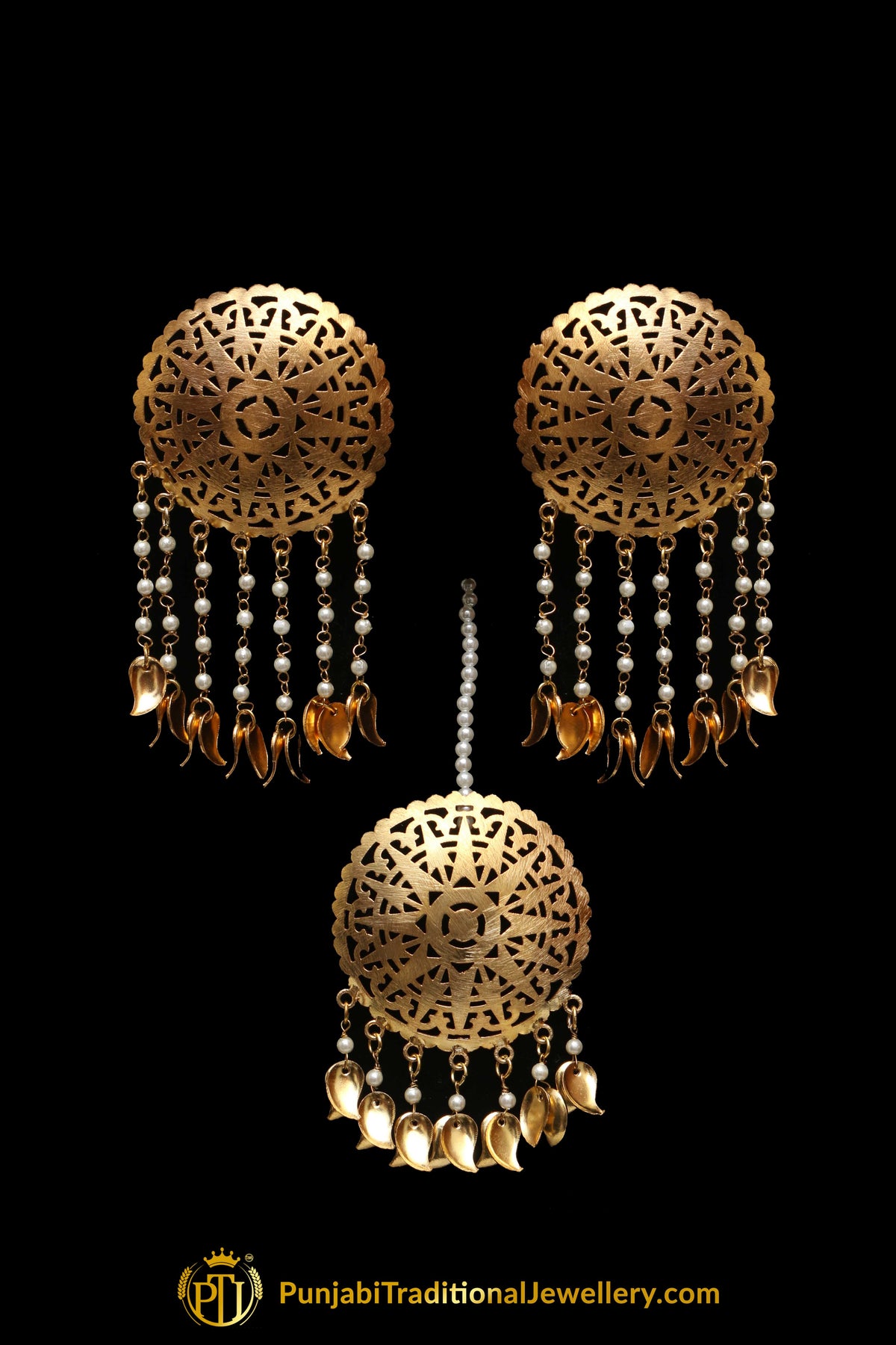 Gold Plated Pippal Patti Stud Earrings & Tikka Set | Punjabi Traditional Jewellery Exclusive