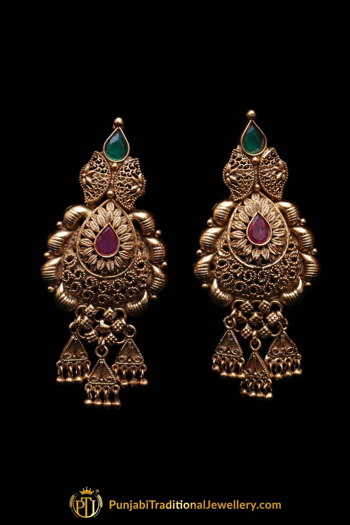 Red Green Antique Gold Necklace Set By Punjabi Traditional Jewellery
