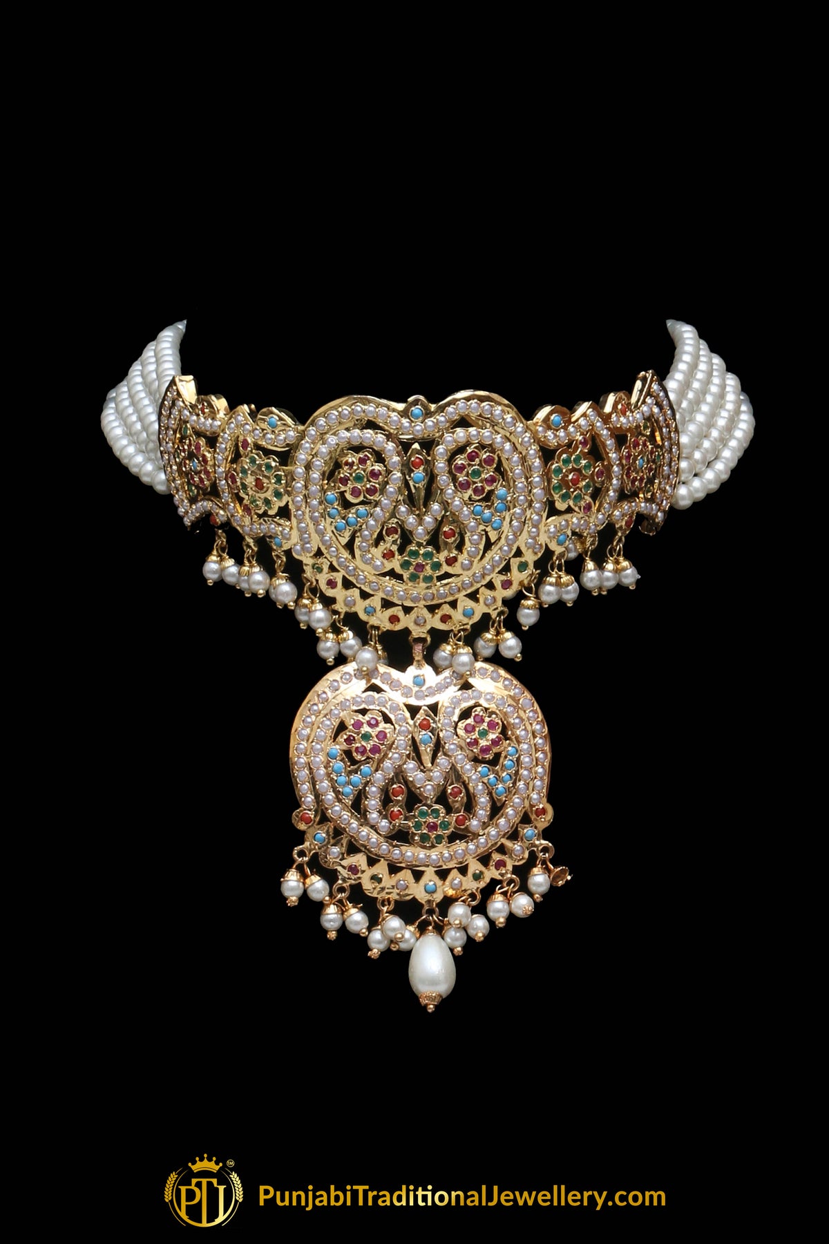 Multi Pearl Jadau Necklace Set By Punjabi Traditional Jewellery
