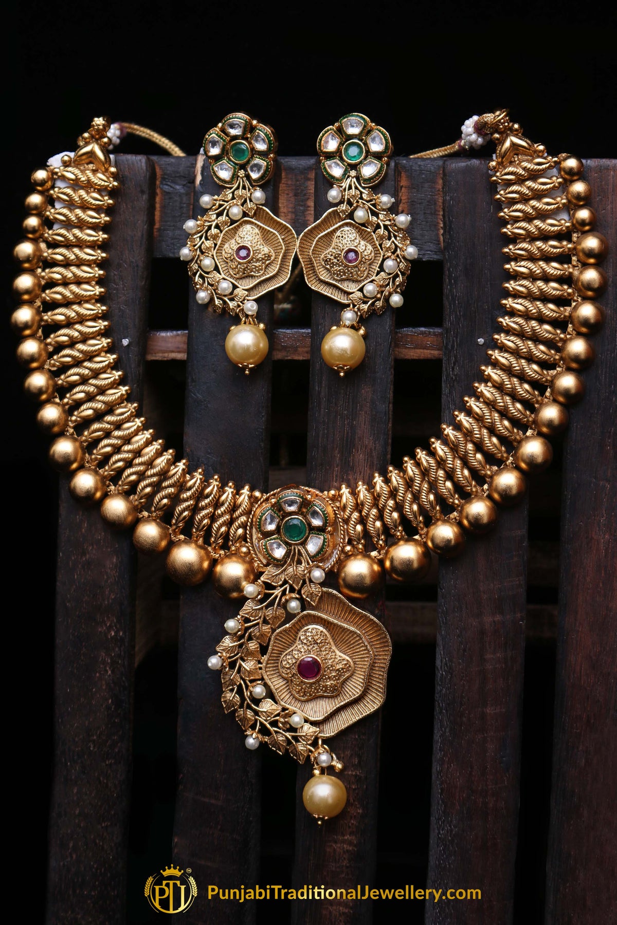 Red Green Antique Gold Necklace Set By Punjabi Traditional Jewellery