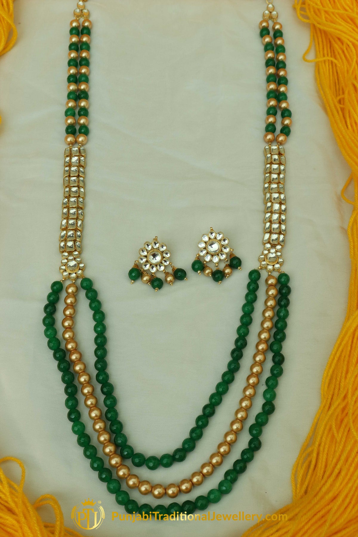 Green Kundan Mala Necklace Set By Punjabi Traditional Jewellery