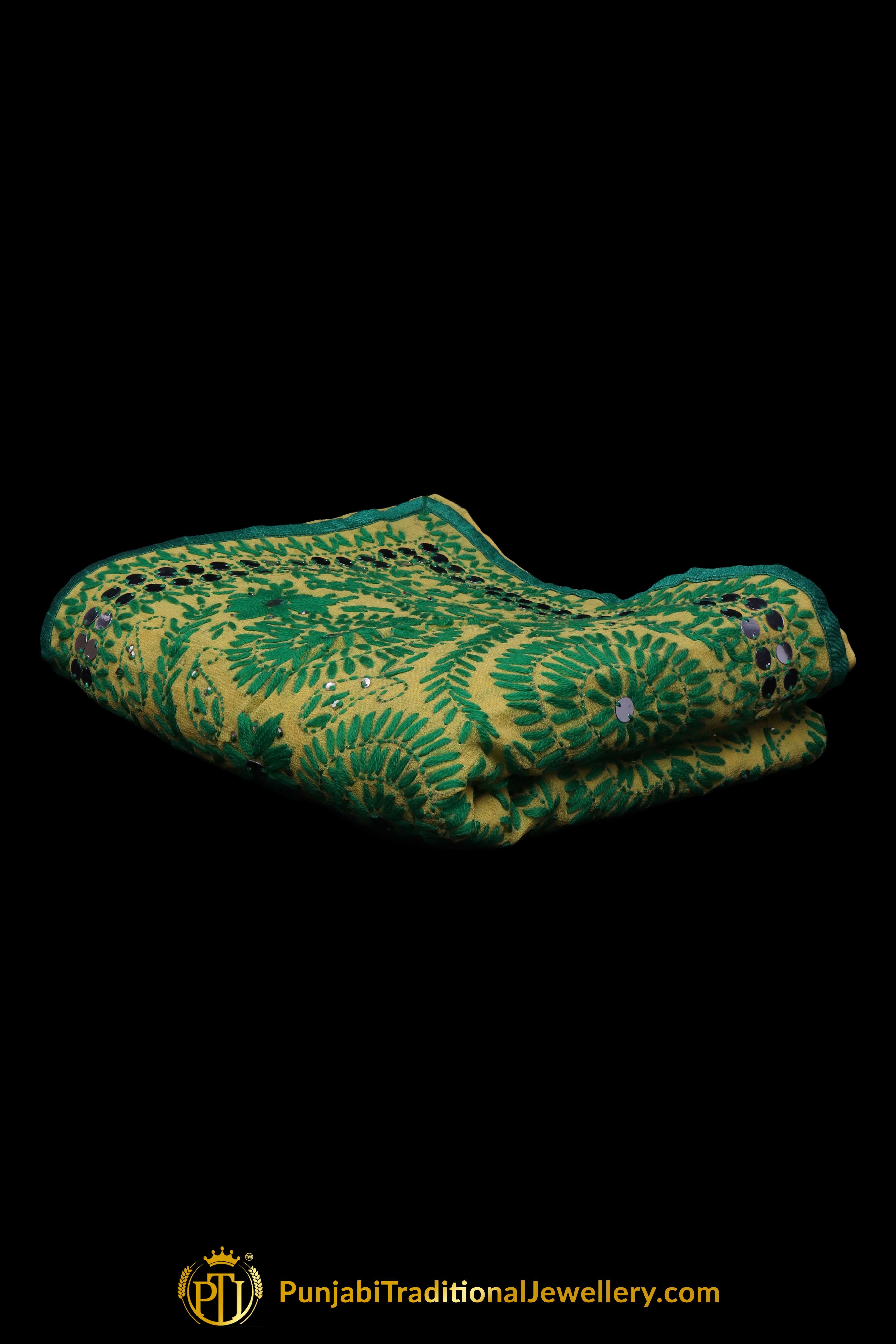 Green Color Pure Phulkari Dupatta By Punjabi Traditional Jewellery