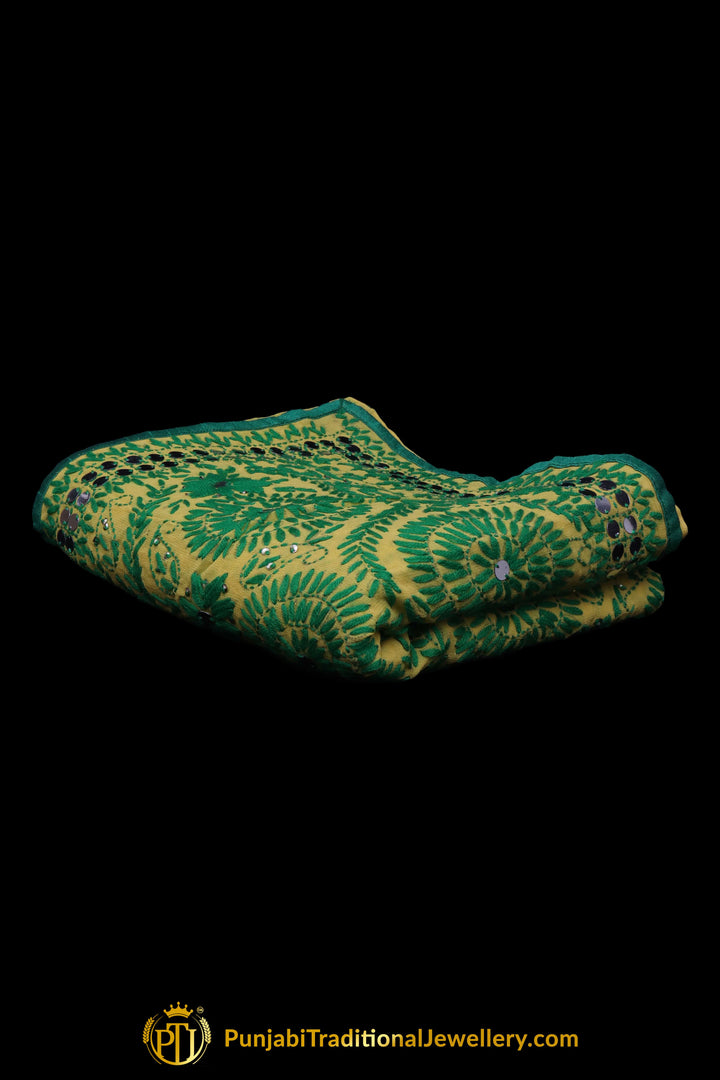 Green Color Pure Phulkari Dupatta By Punjabi Traditional Jewellery