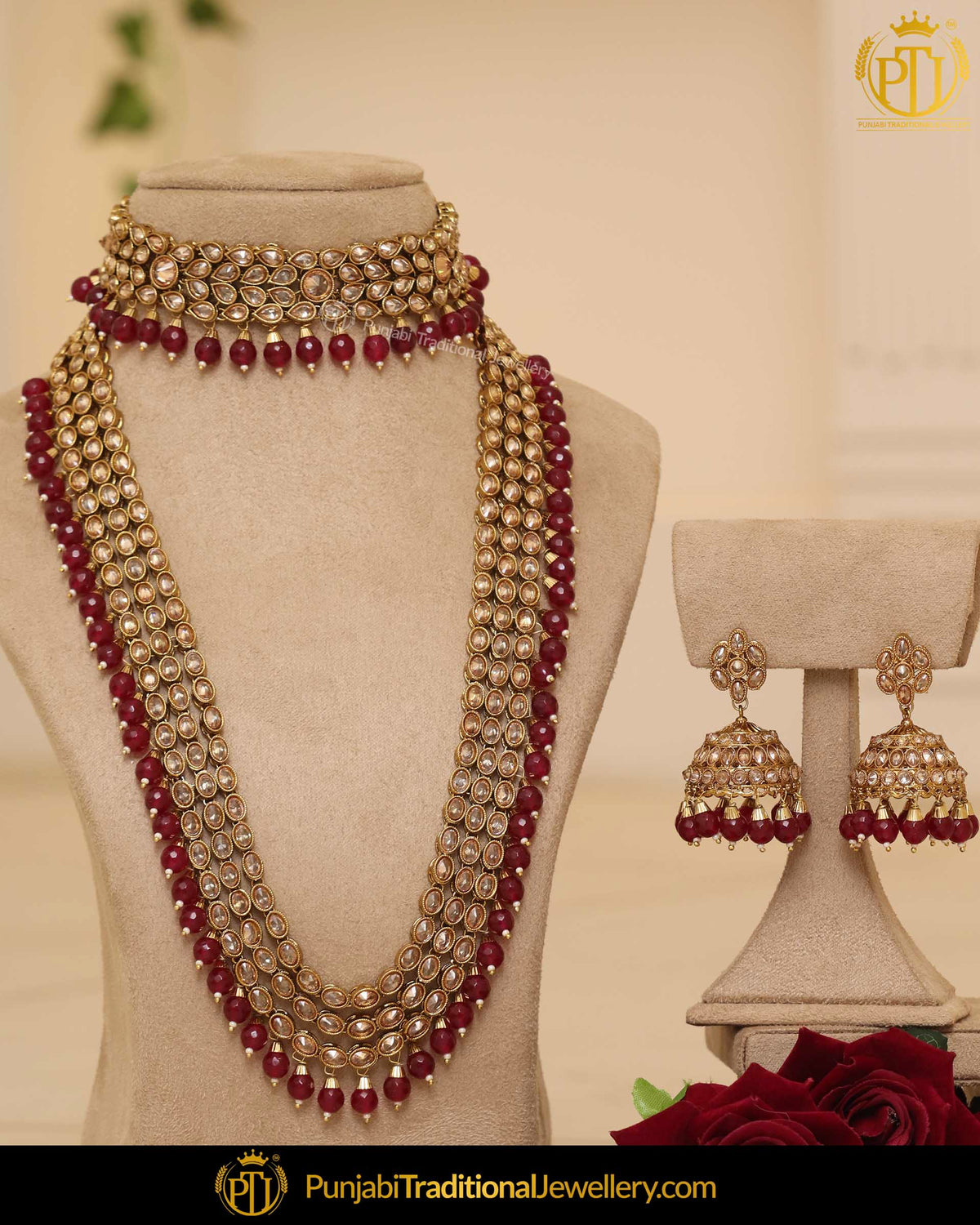 Gold Finished Rubby Pearl Champagne Choker Bridal Necklace Set | Punjabi Traditional Jewellery Exclusive