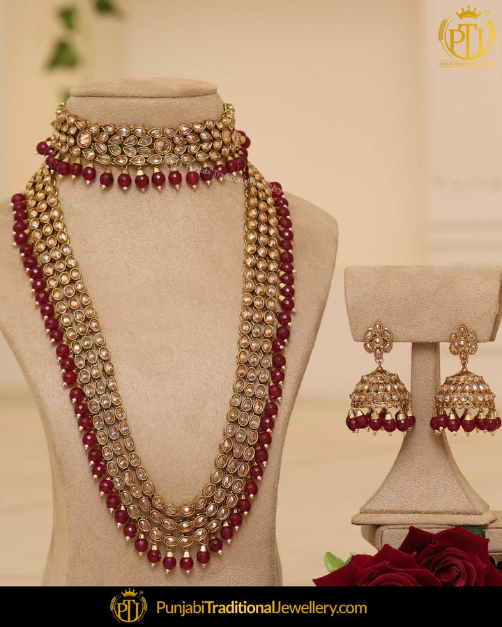 Gold Finished Rubby Pearl Champagne Choker Bridal Necklace Set | Punjabi Traditional Jewellery Exclusive