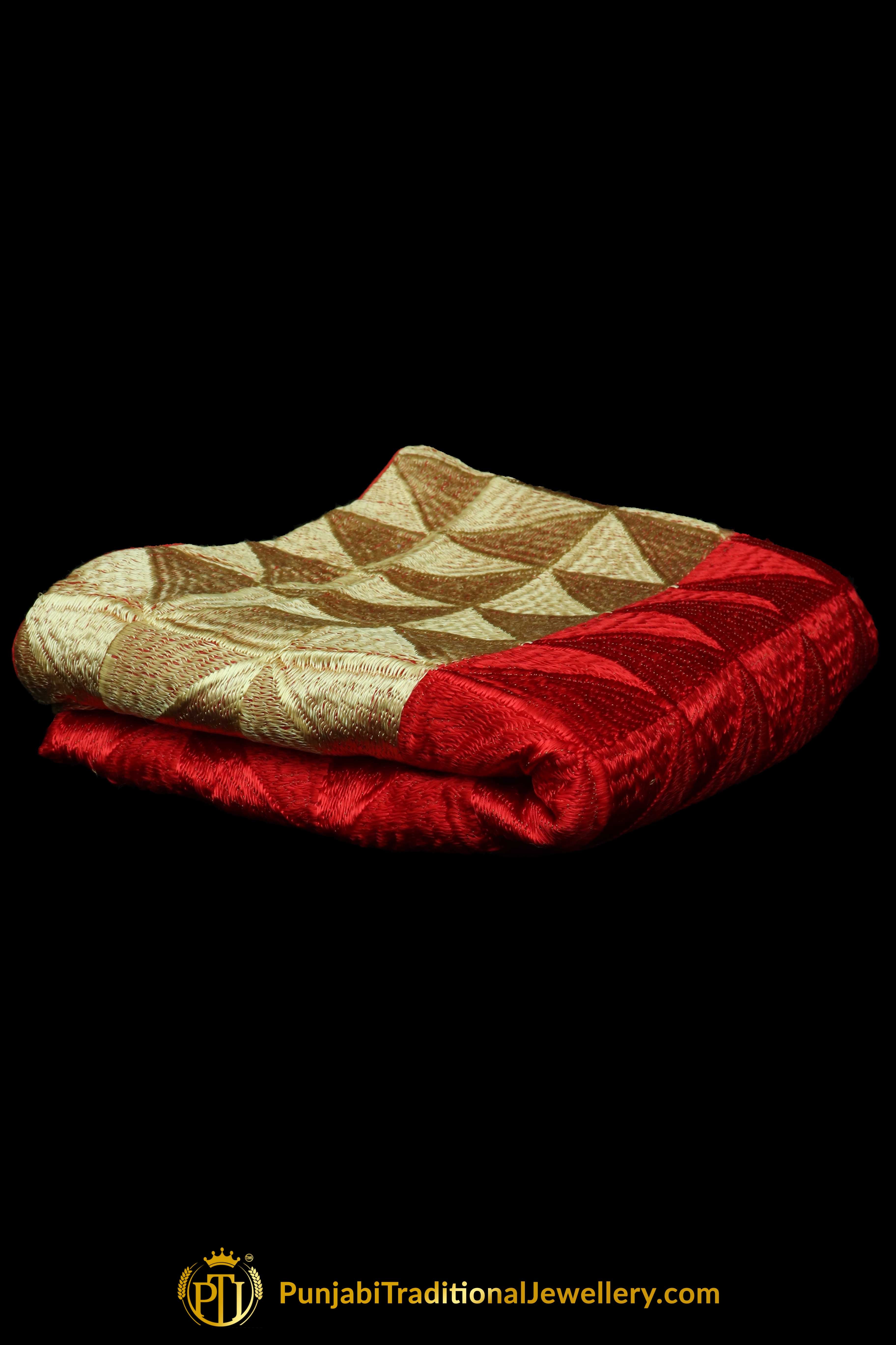 Pure Phulkari Dupatta With Golden & Red Color By Punjabi Traditional Jewellery